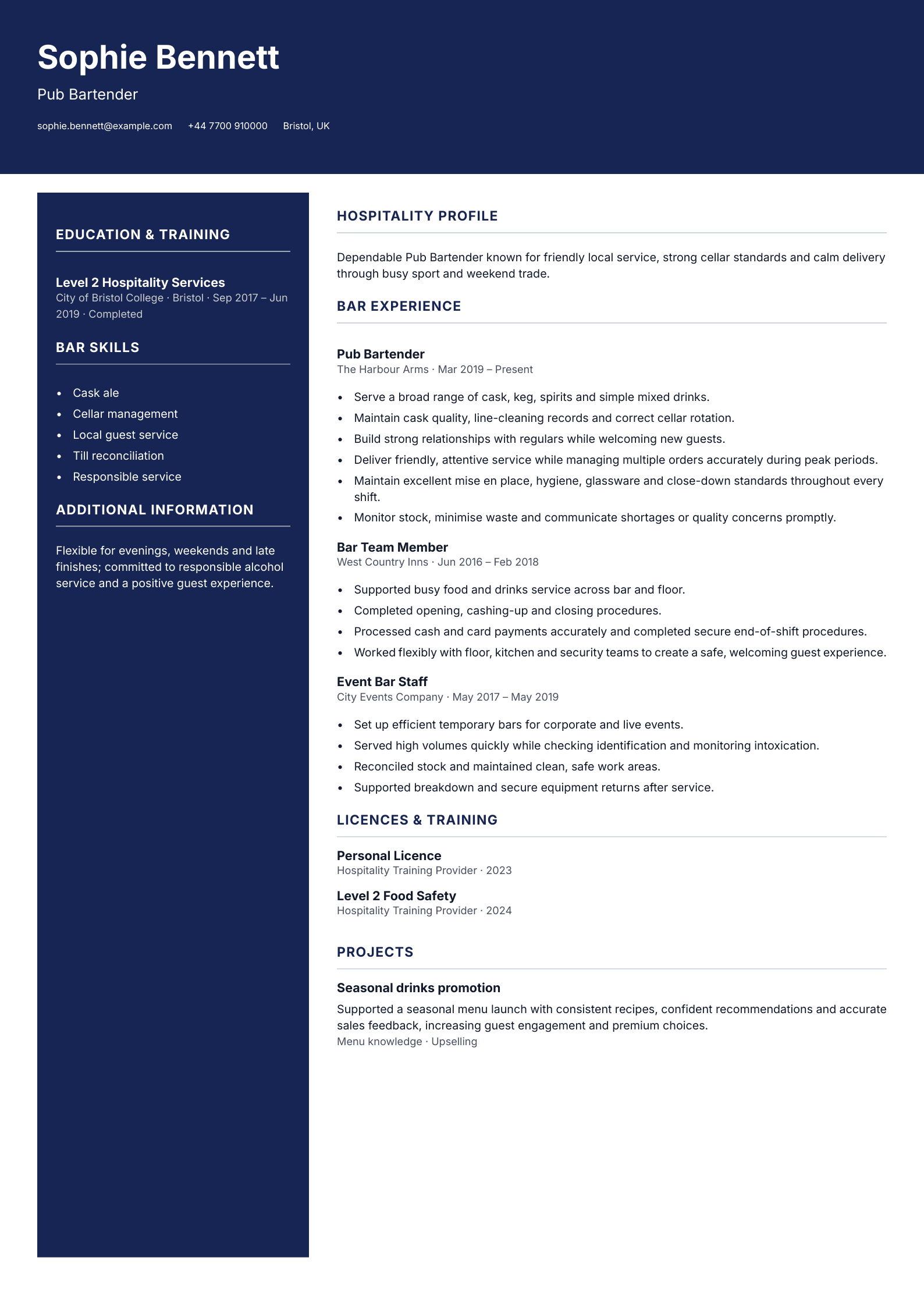 Pub Bartender CV template