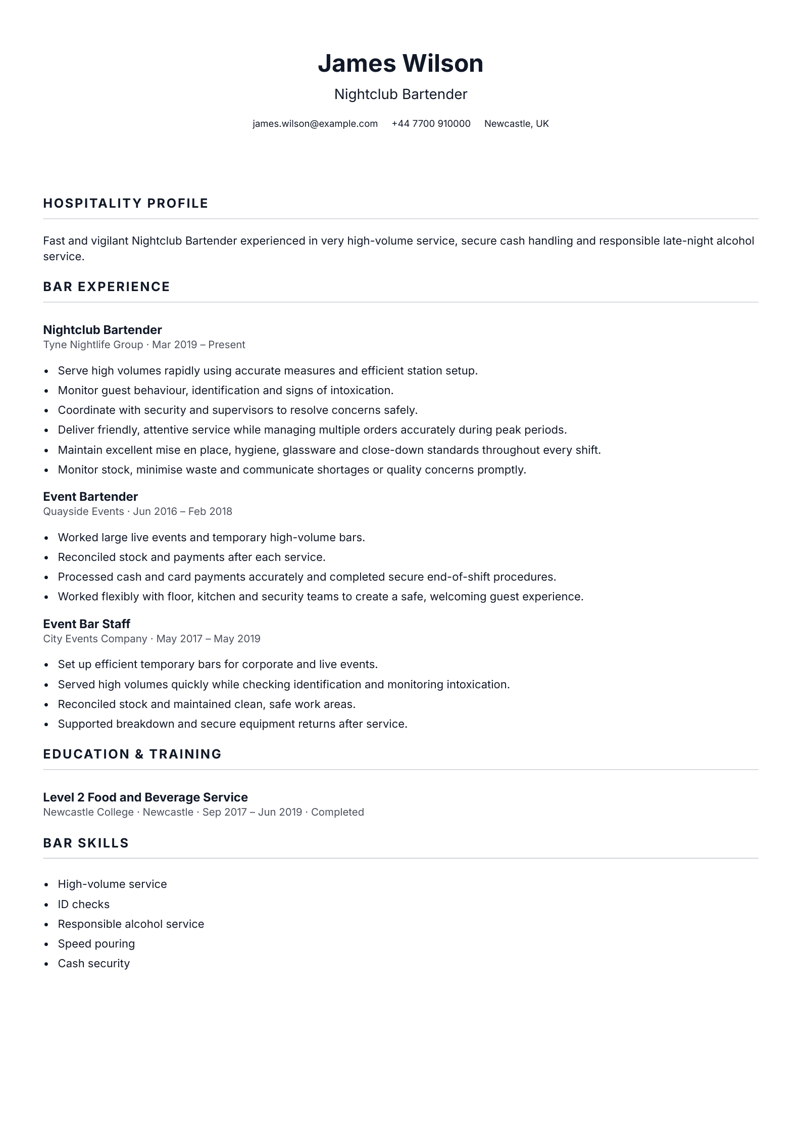 Nightclub Bartender CV template