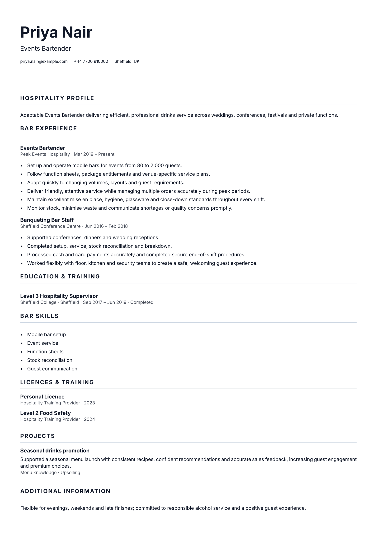 Events Bartender CV template