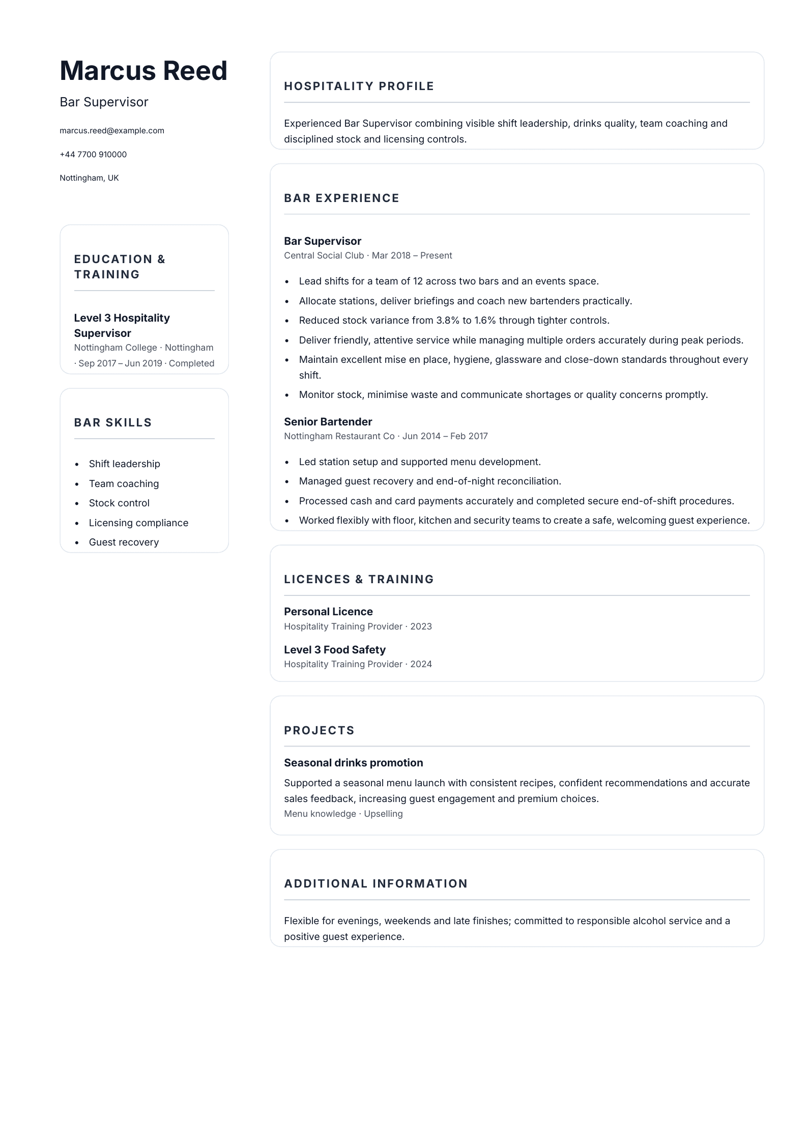 Bar Supervisor CV template