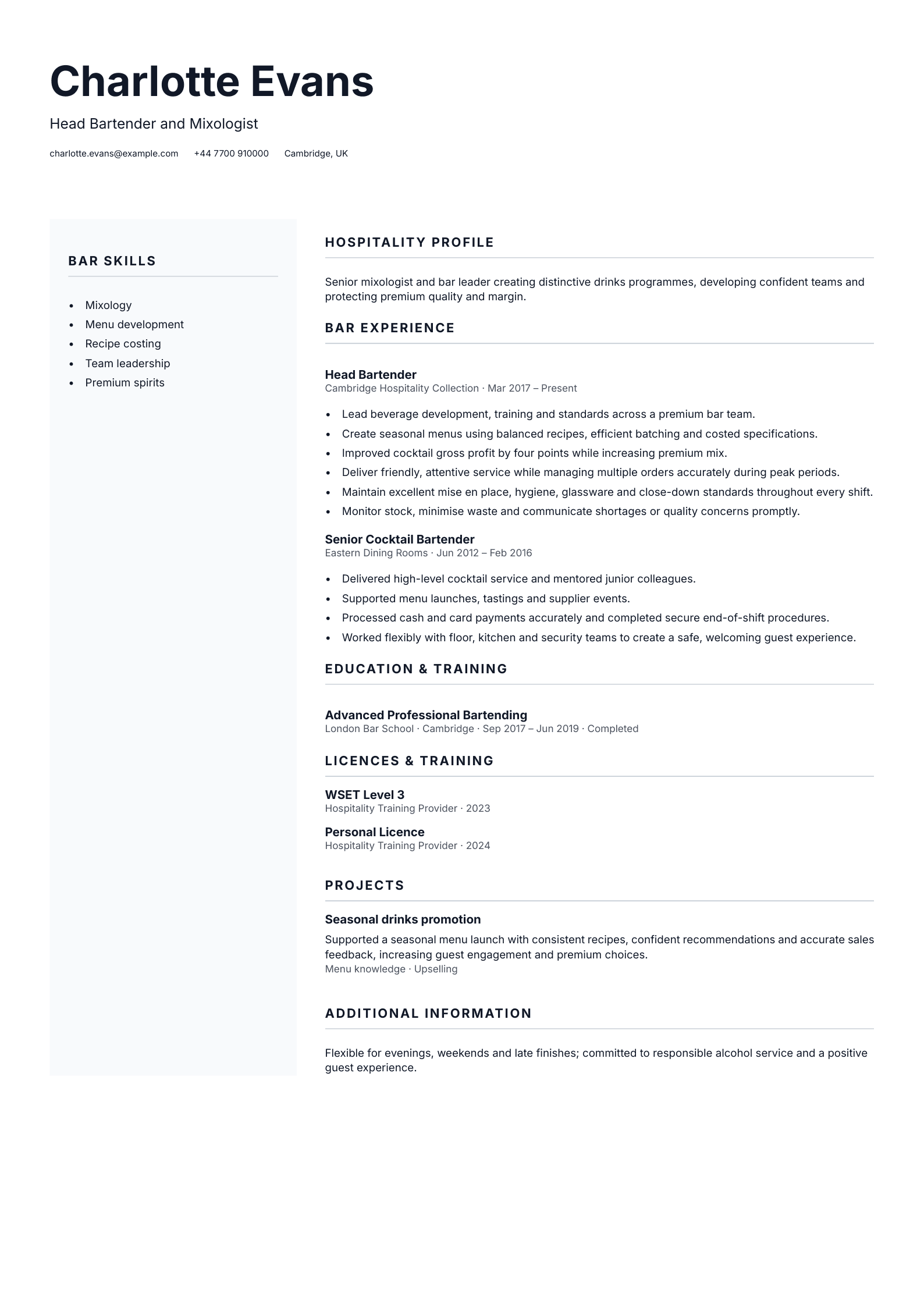 Head Bartender and Mixologist CV template