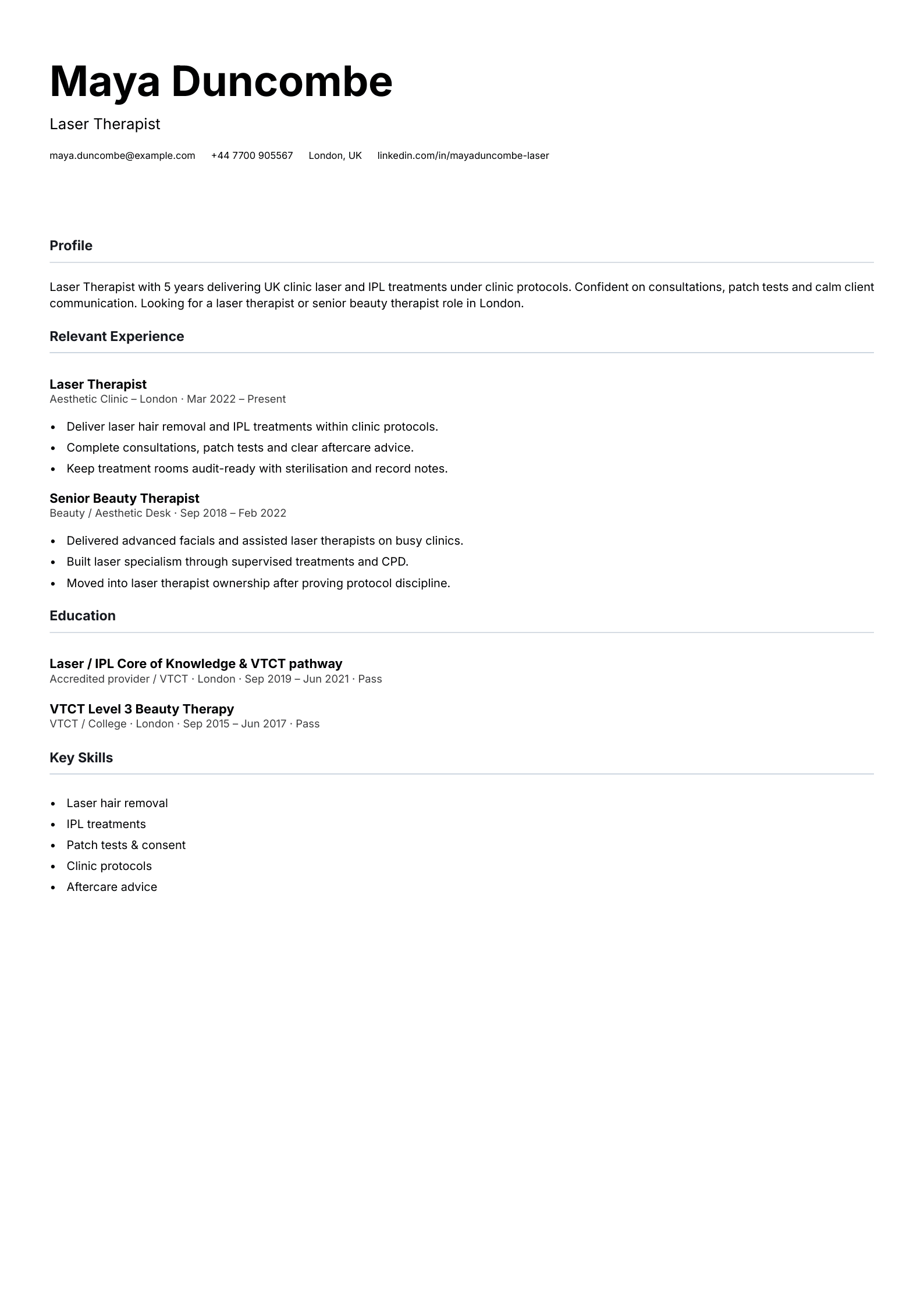 laser therapist CV template