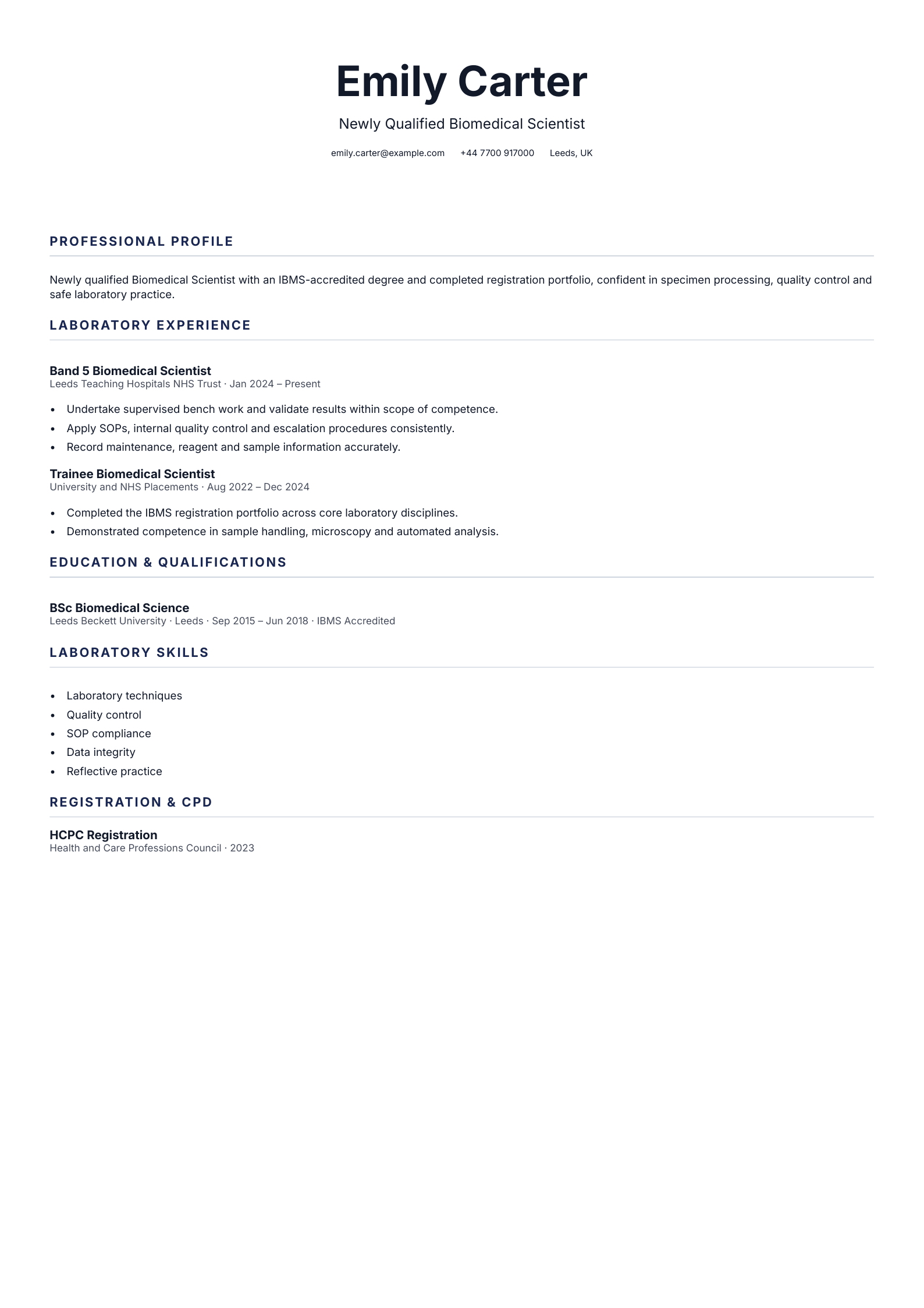Newly Qualified Biomedical Scientist CV template