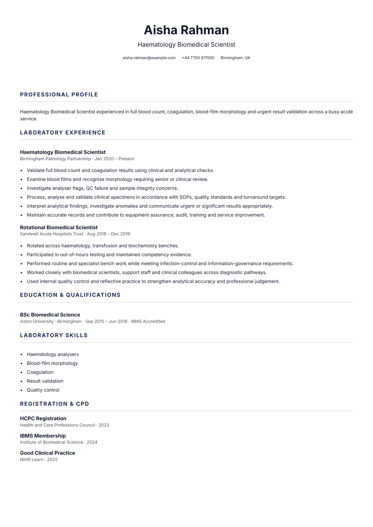 Haematology Biomedical Scientist CV template