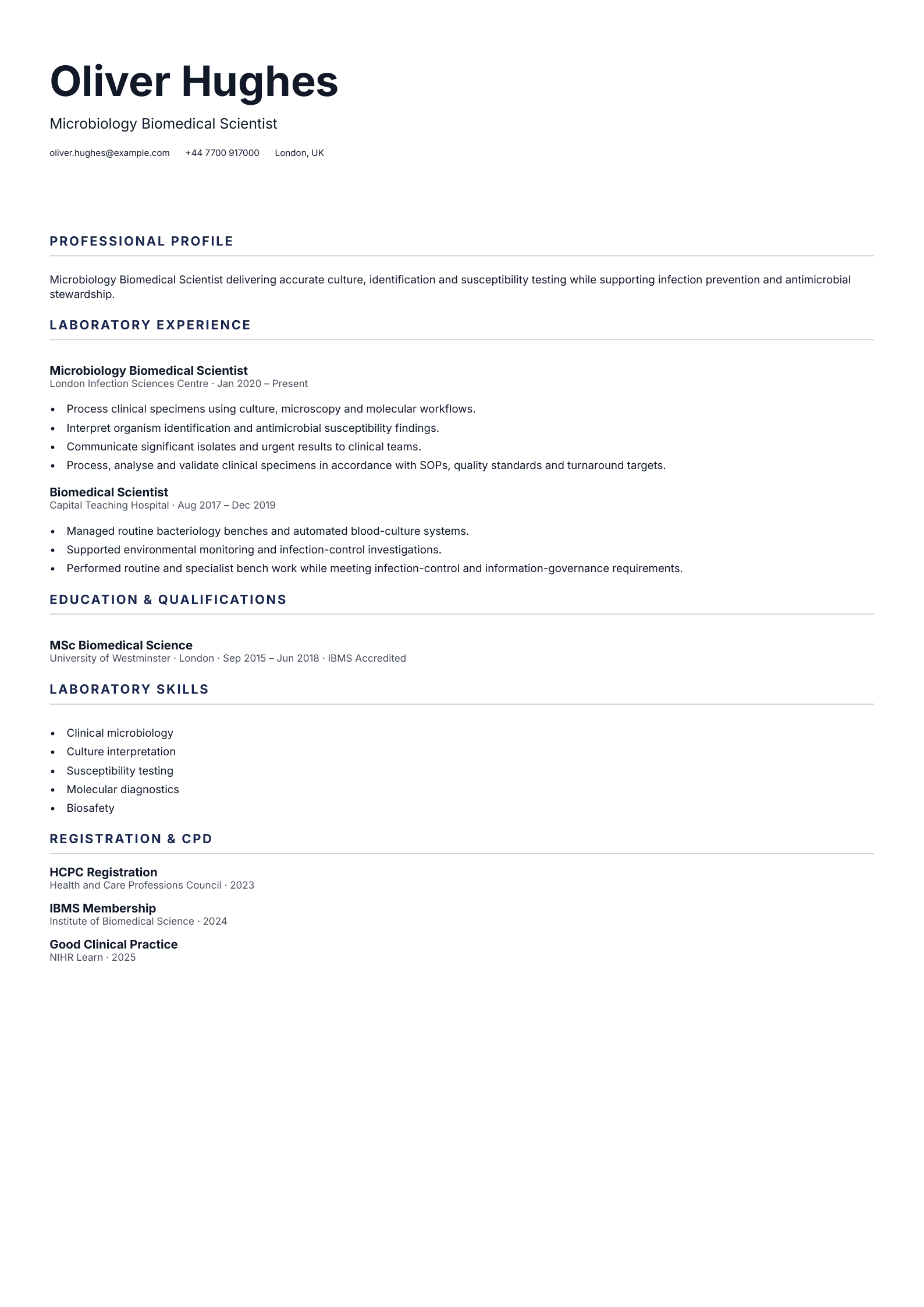 Microbiology Biomedical Scientist CV template
