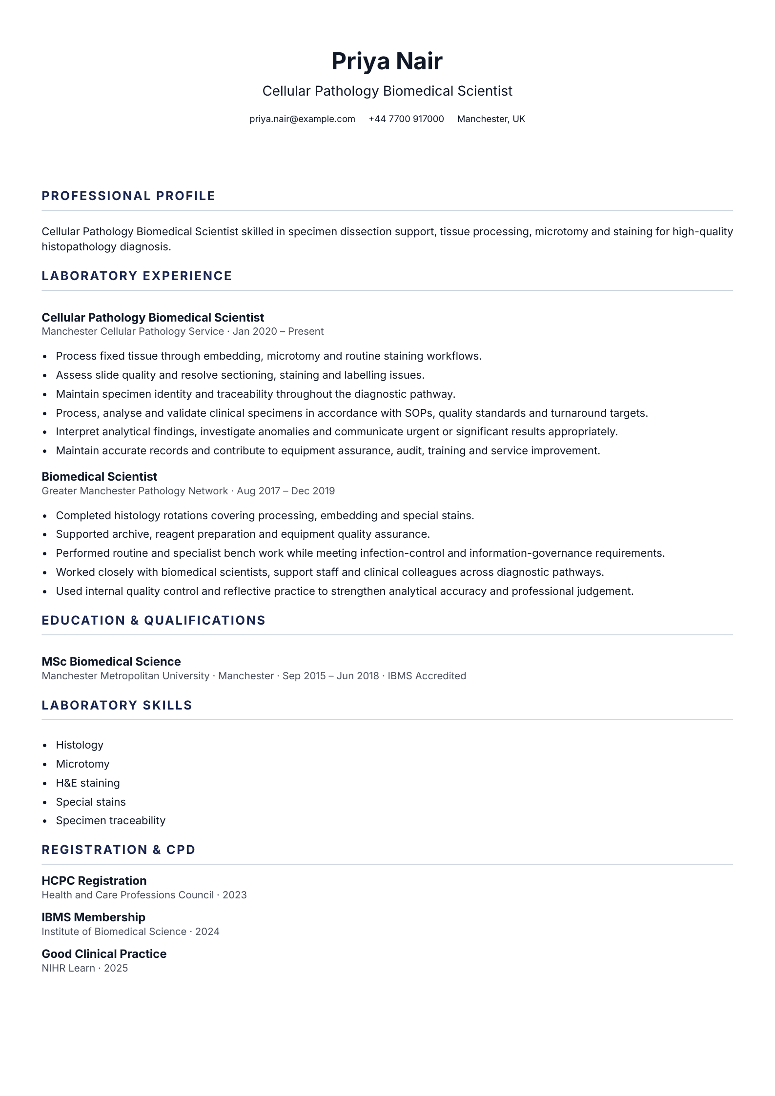 Cellular Pathology Biomedical Scientist CV template