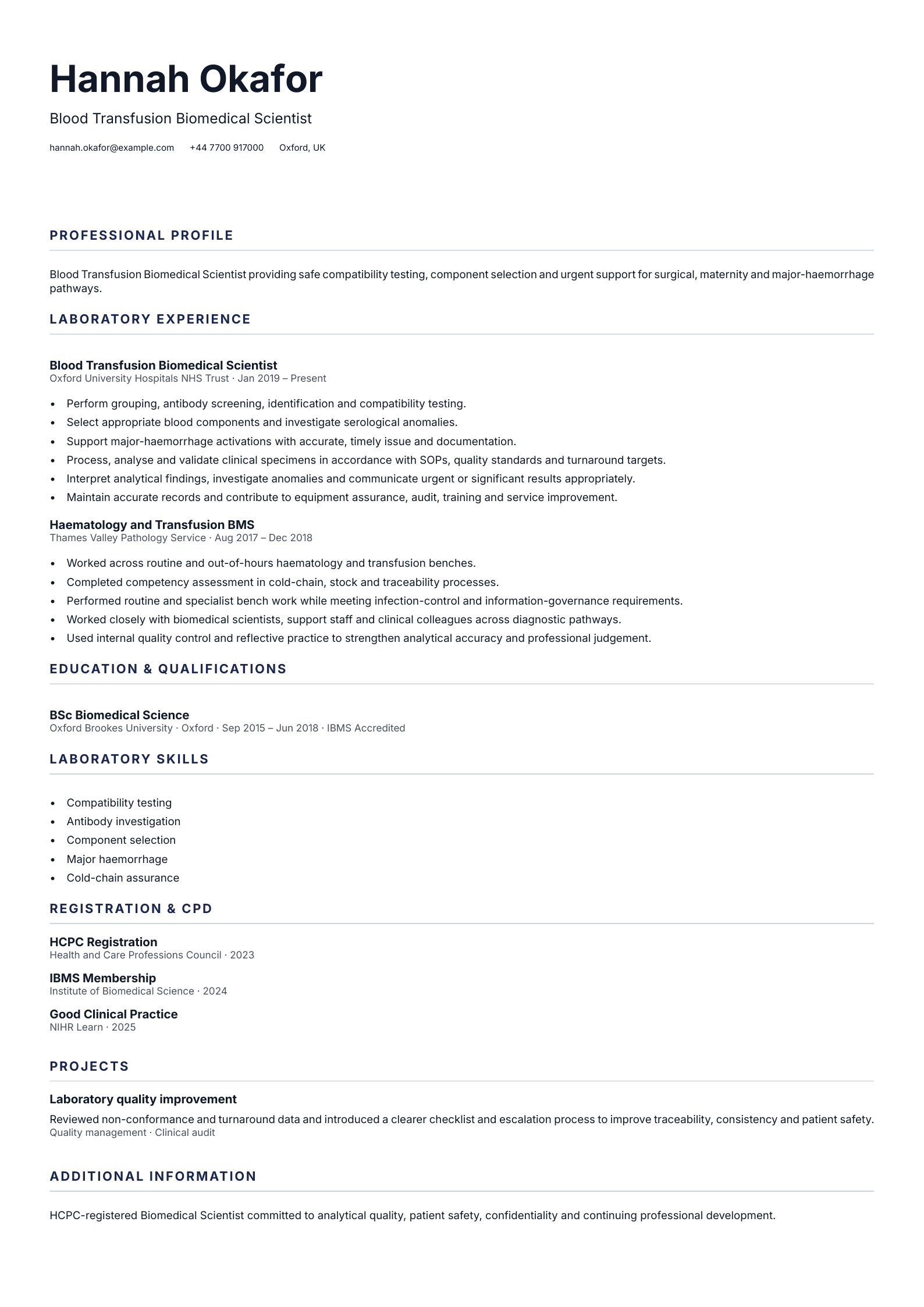 Blood Transfusion Biomedical Scientist CV template
