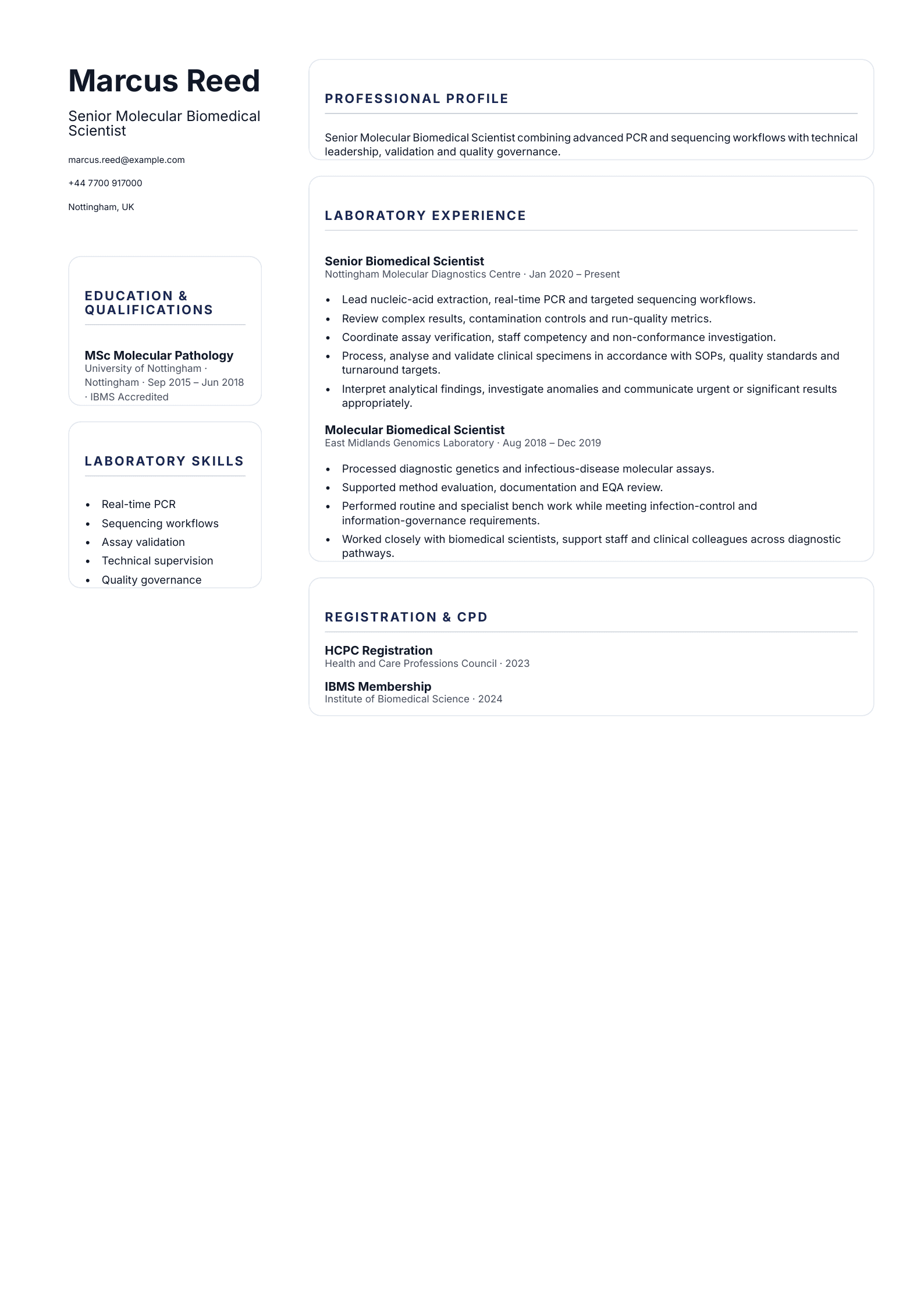 Senior Molecular Biomedical Scientist CV template