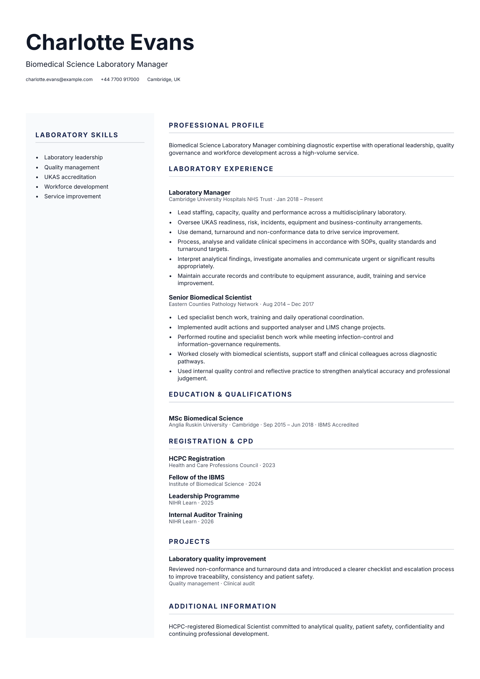 Laboratory Manager CV template