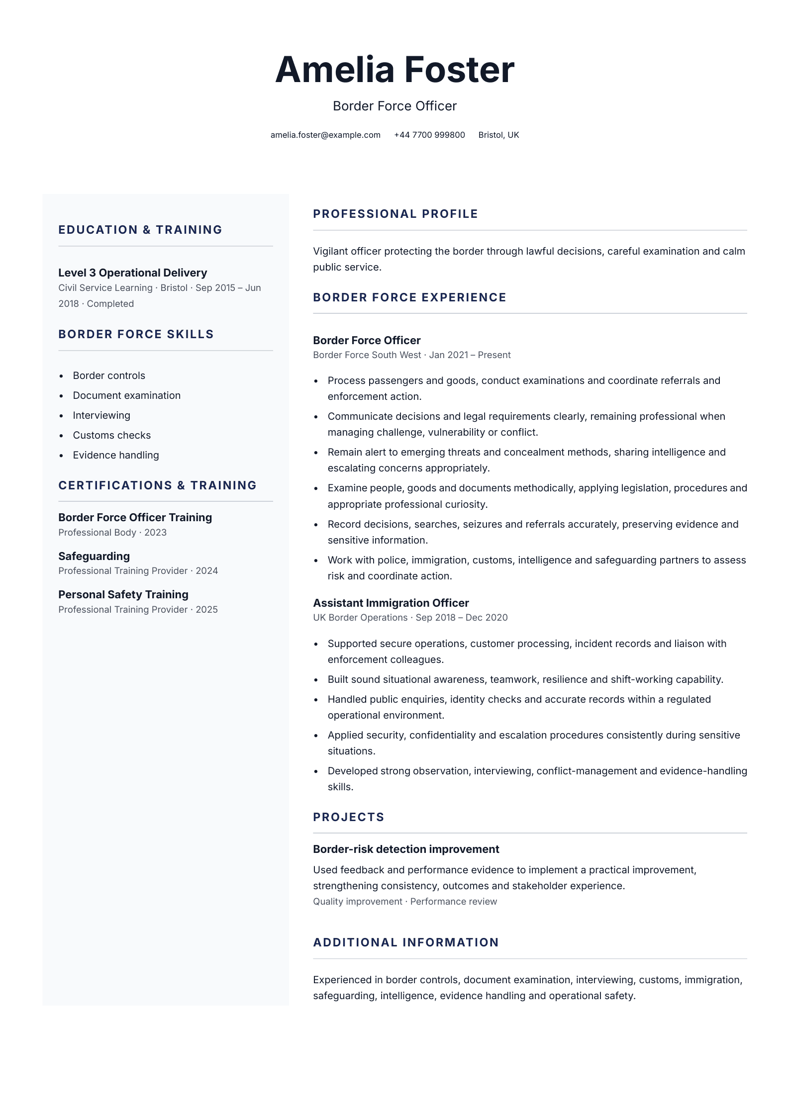 Border Force officer CV