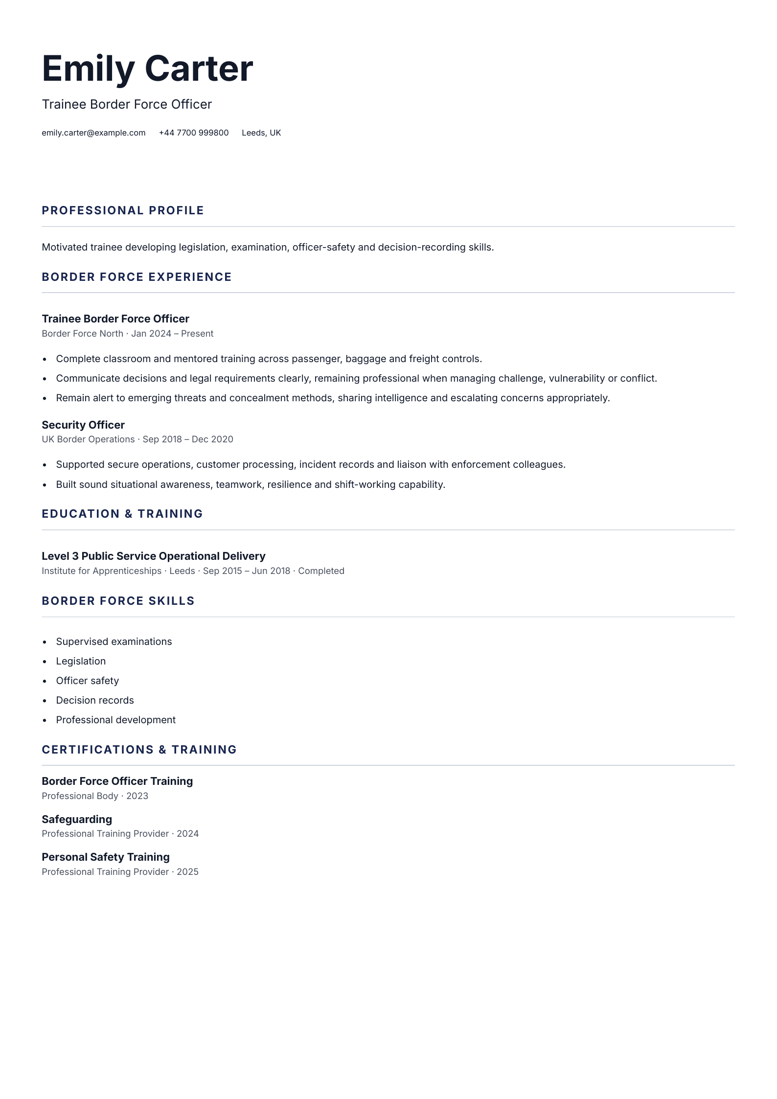 Trainee Border Force Officer CV template