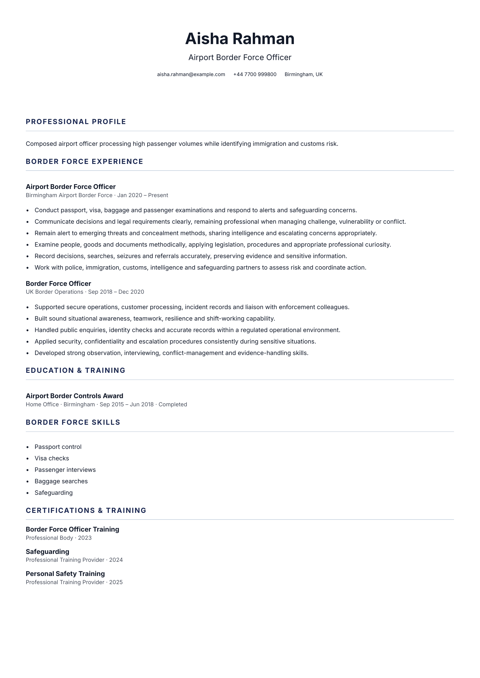 Airport Border Force Officer CV template