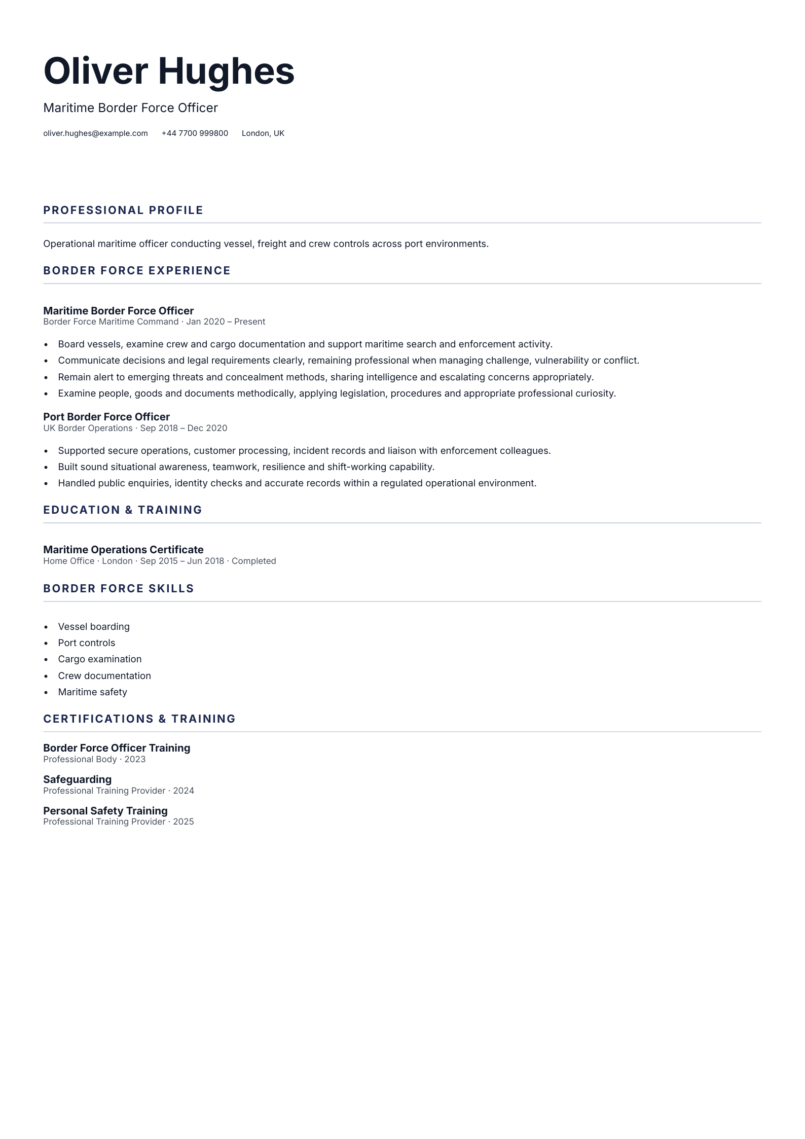 Maritime Border Force Officer CV template