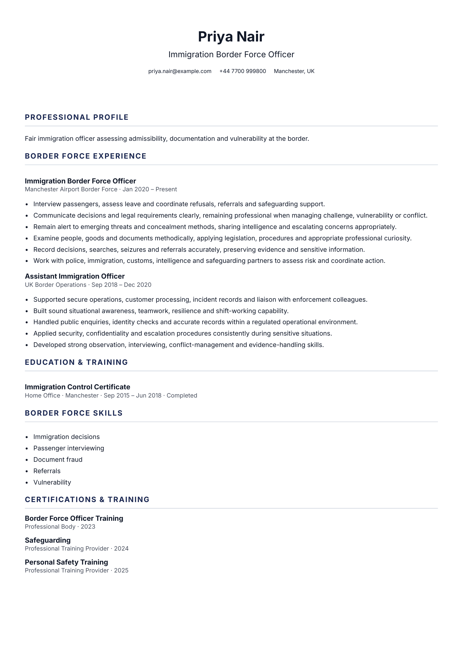 Immigration Border Force Officer CV template