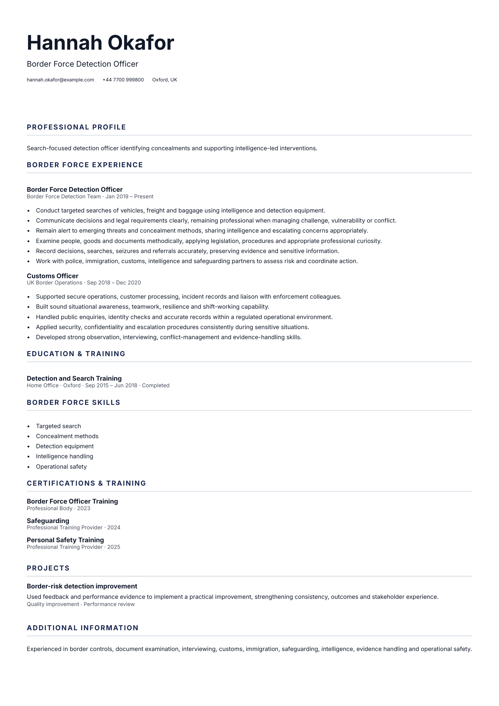 Border Force Detection Officer CV template