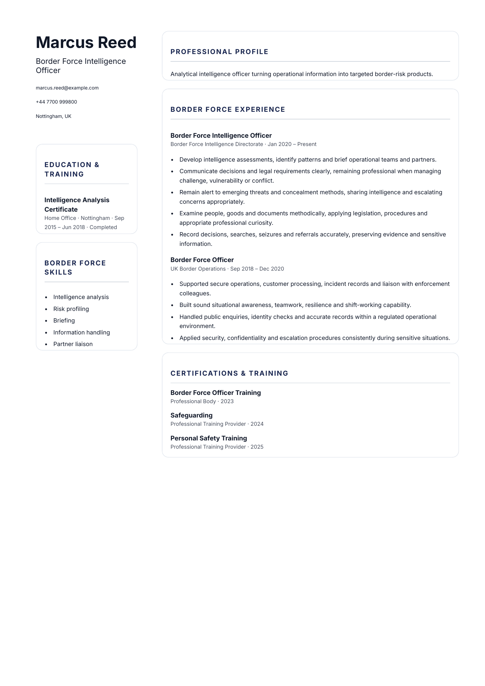 Border Force Intelligence Officer CV template