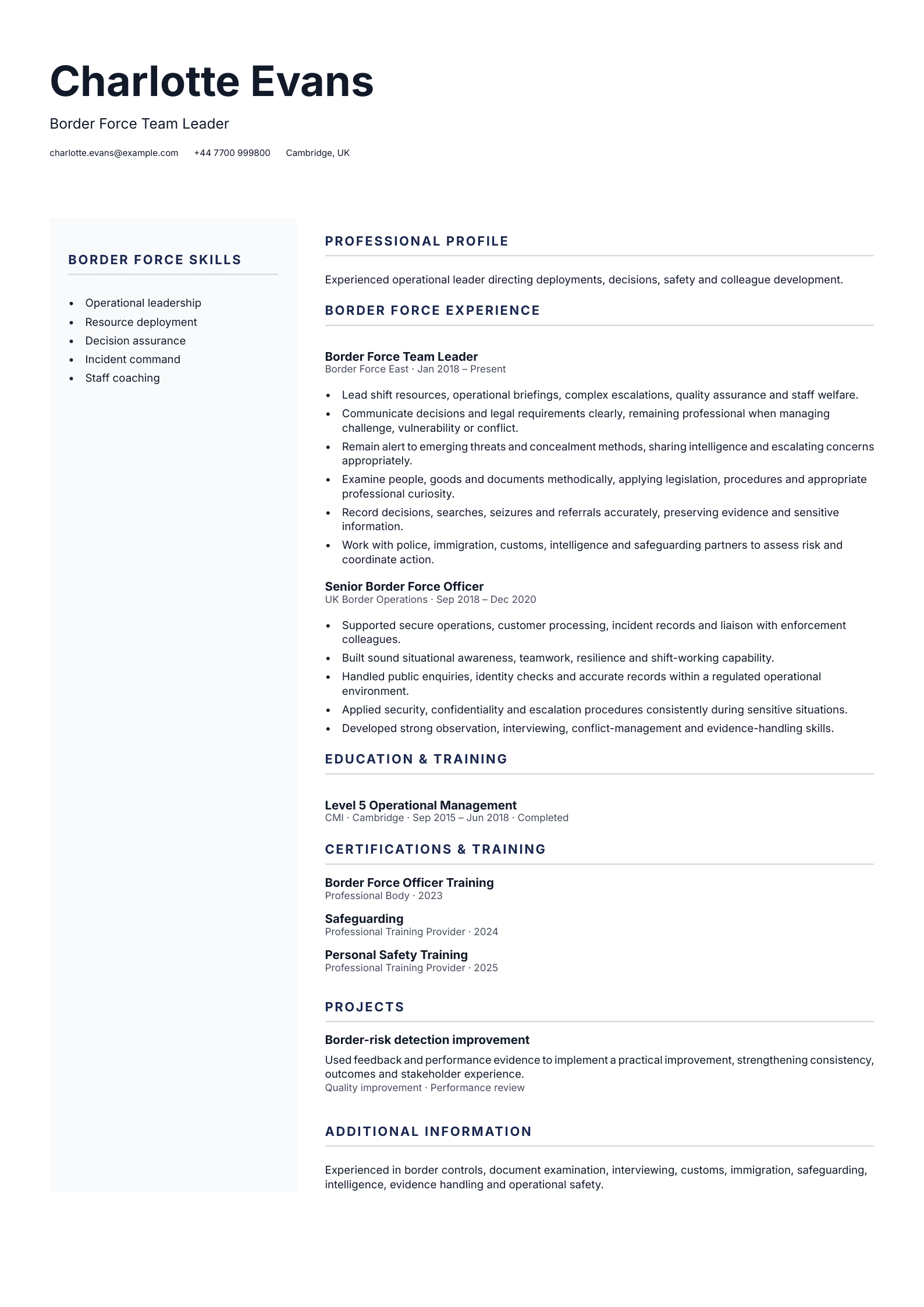 Border Force Team Leader CV template