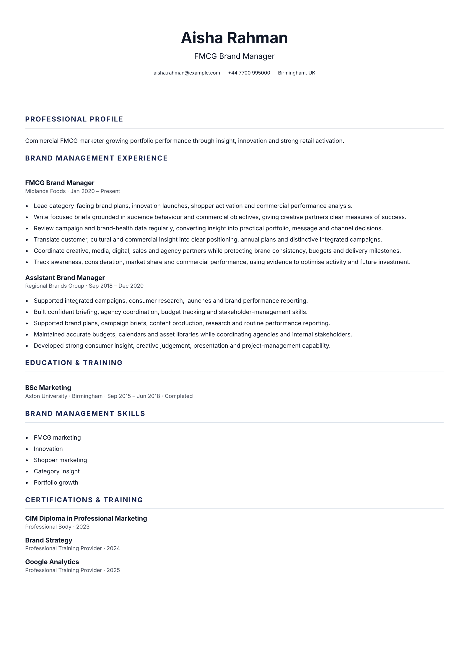 FMCG Brand Manager CV template