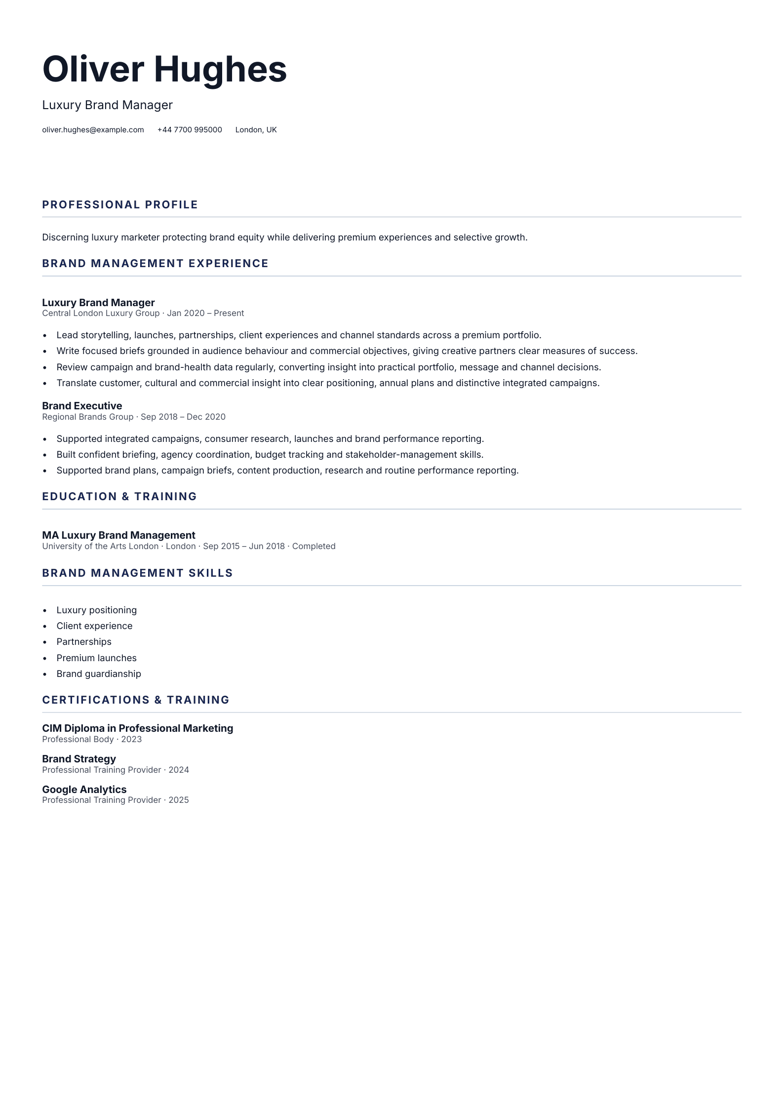 Luxury Brand Manager CV template
