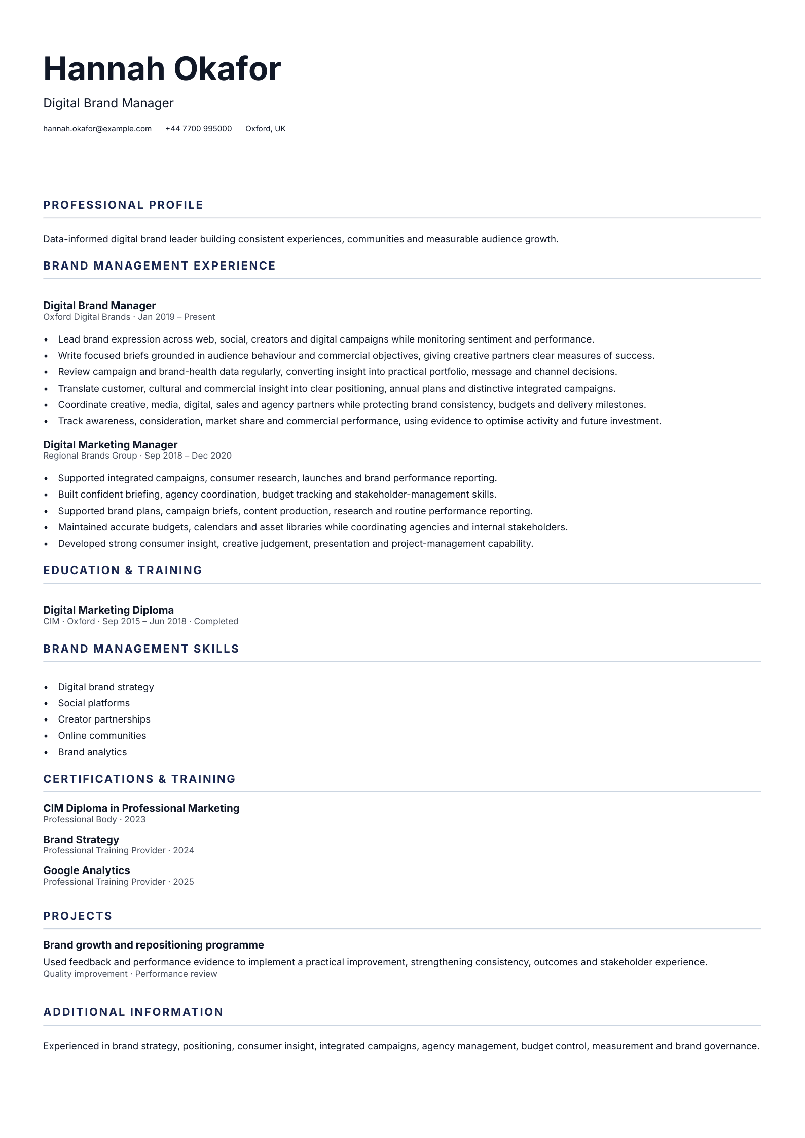 Digital Brand Manager CV template