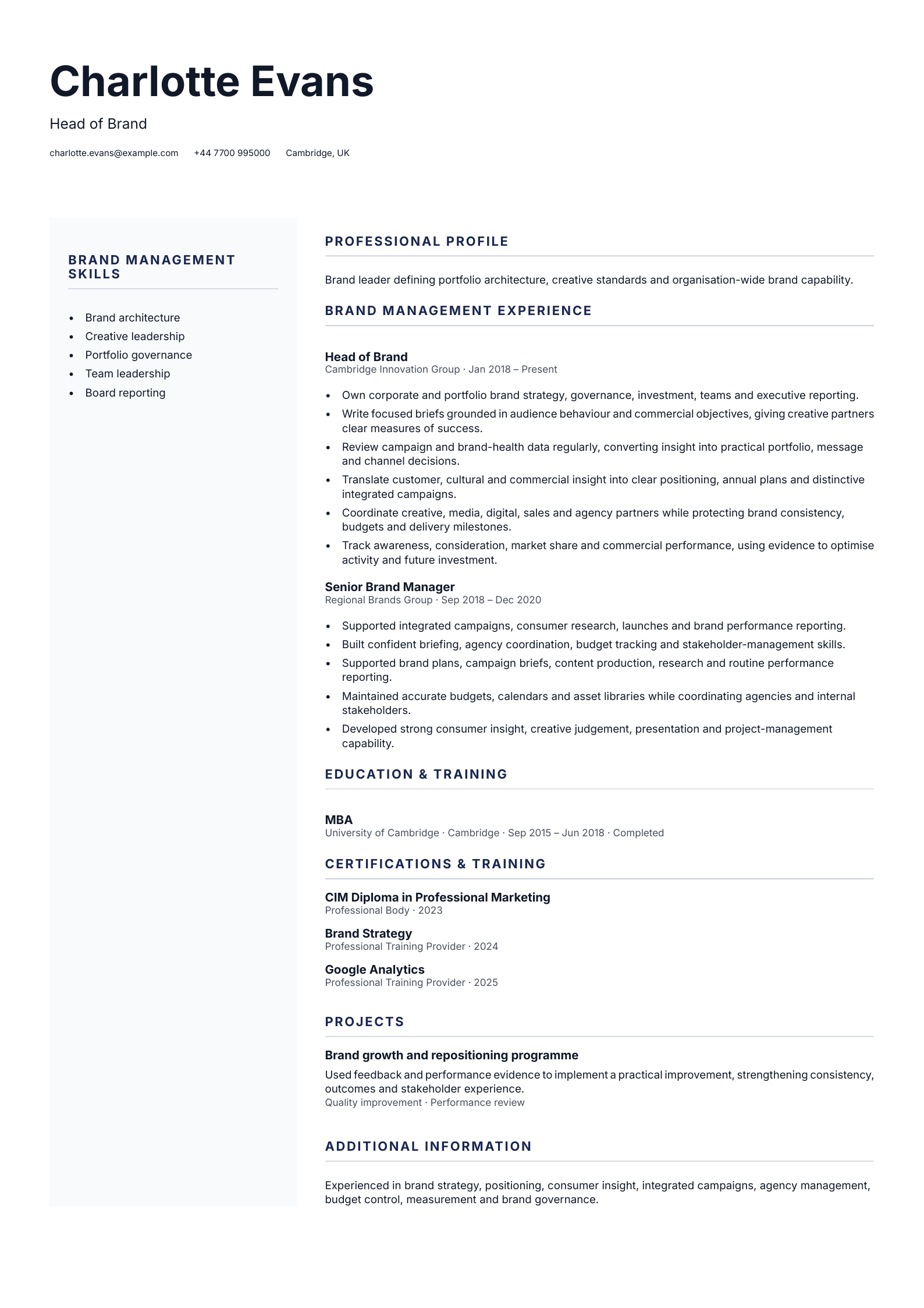 Head of Brand CV template