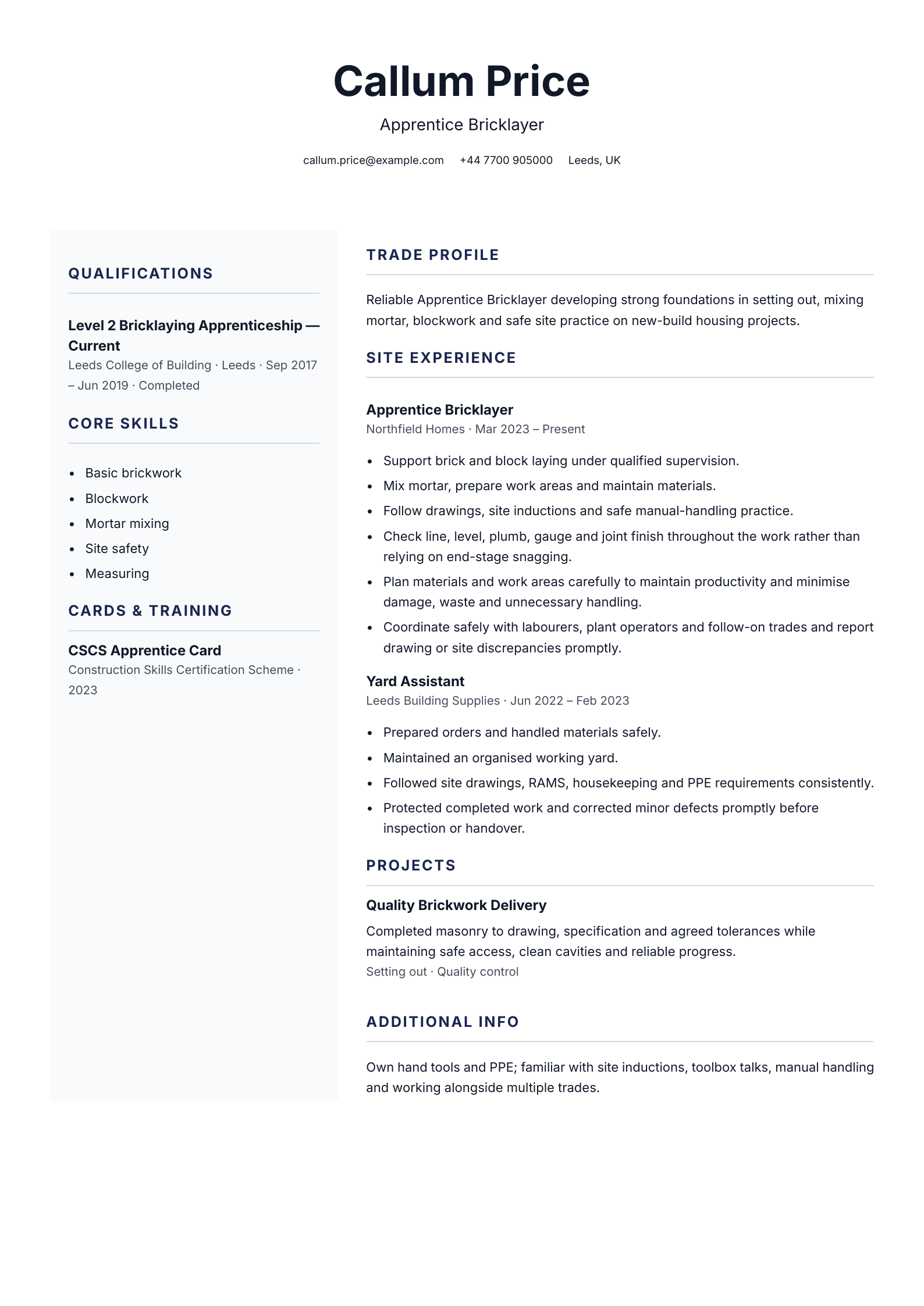 Apprentice Bricklayer CV template