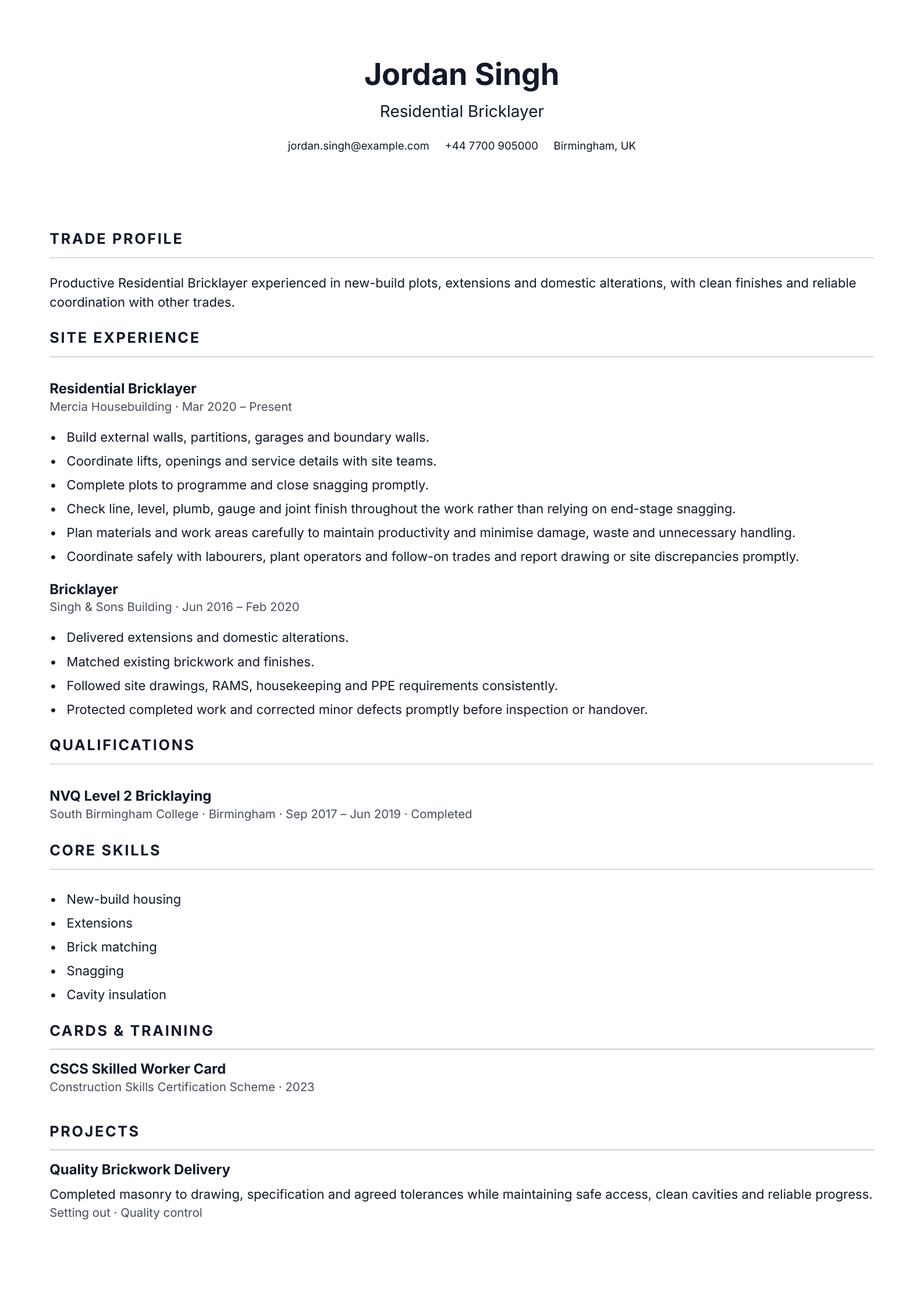Residential Bricklayer CV template