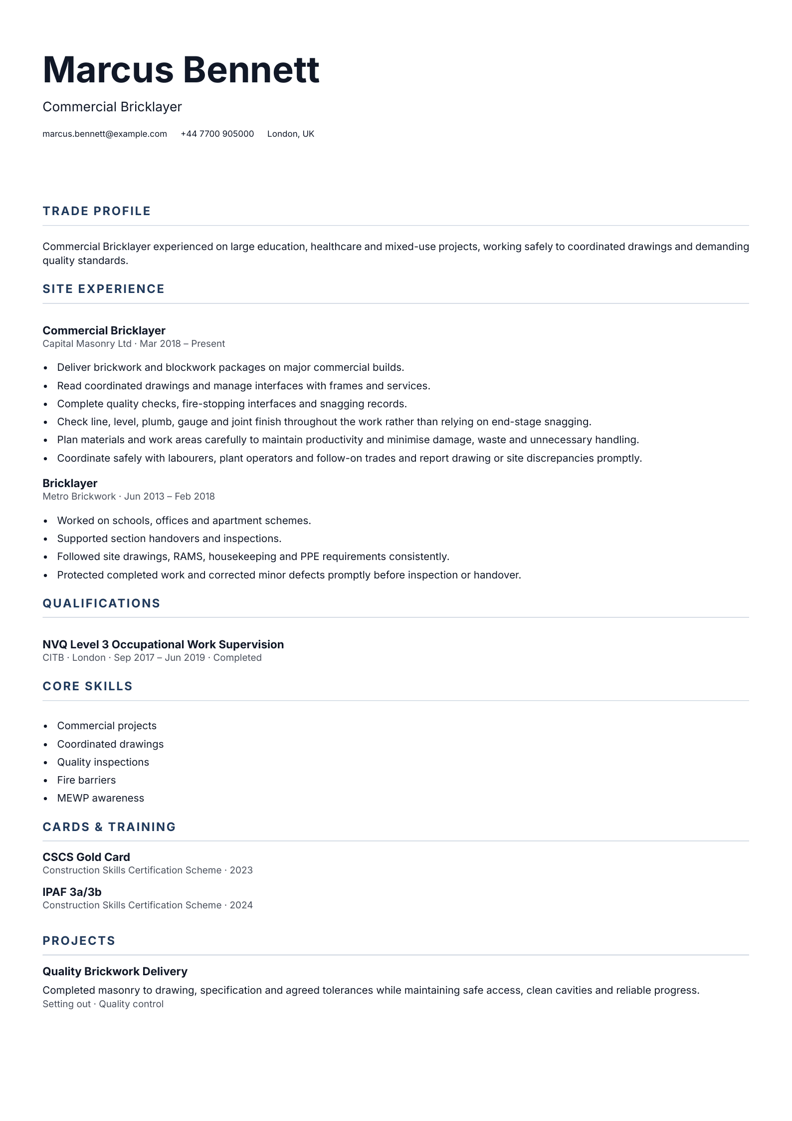 Commercial Bricklayer CV template