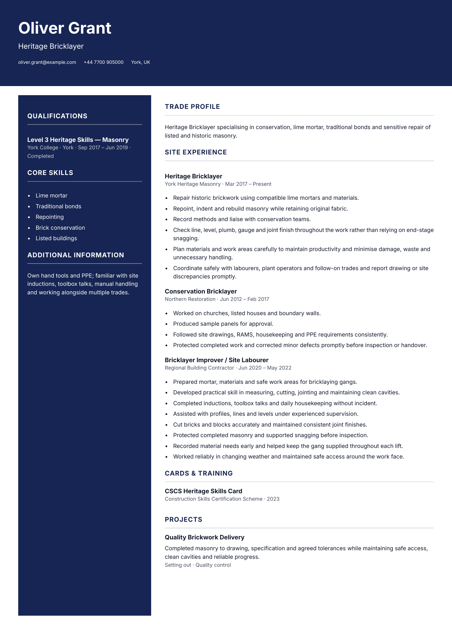 Heritage Bricklayer CV template