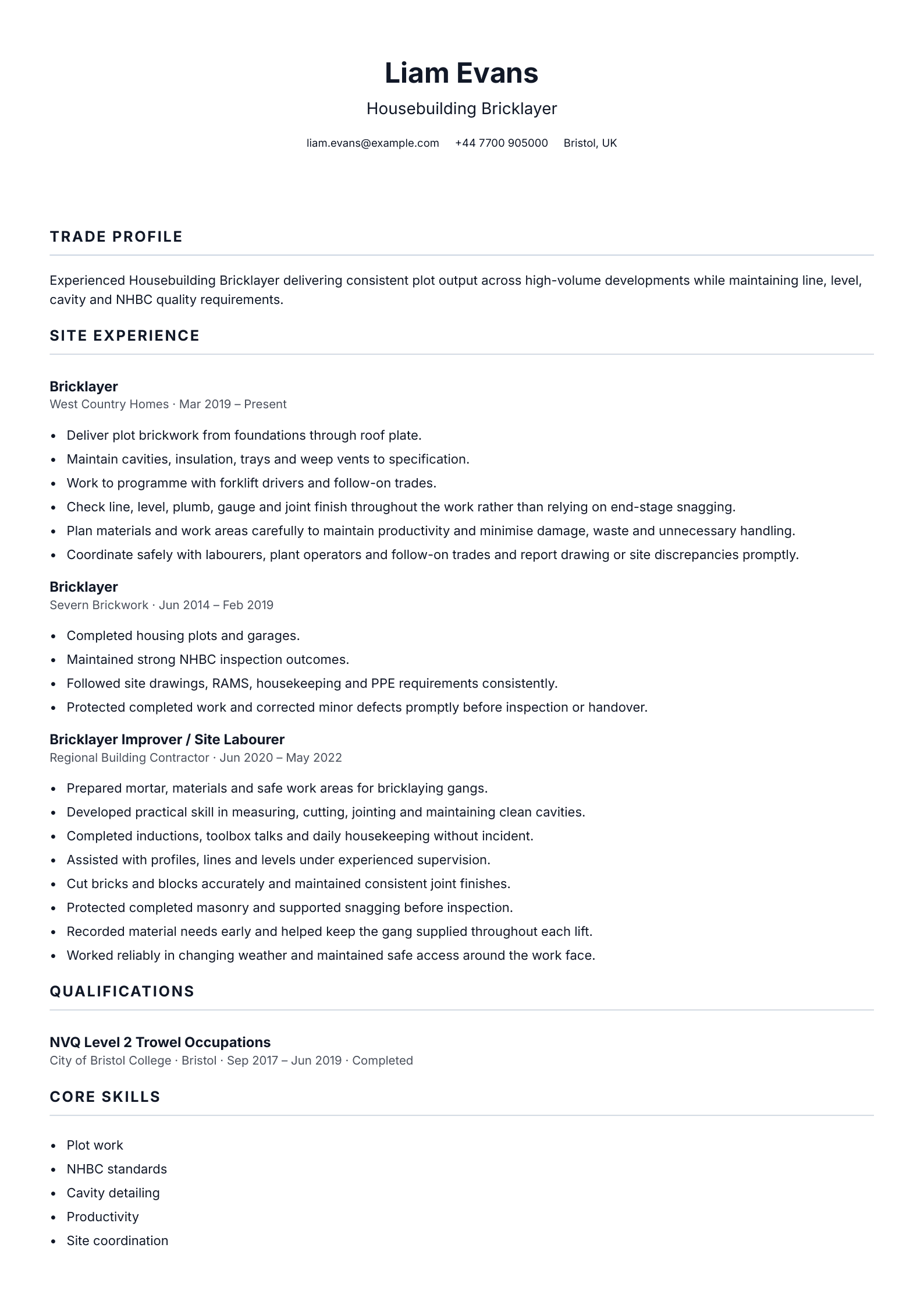 Housebuilding Bricklayer CV template