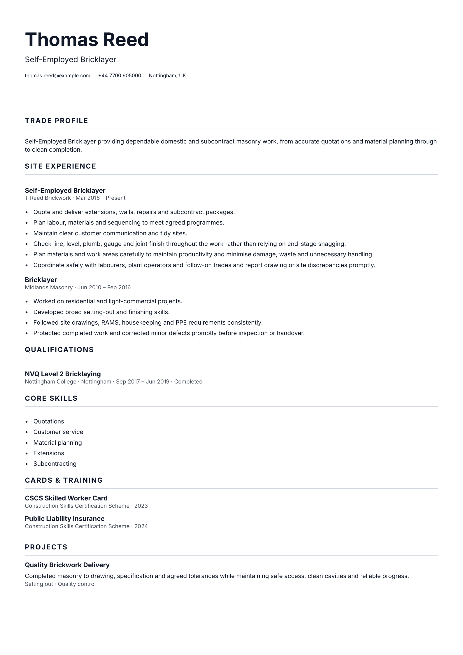 Self-Employed Bricklayer CV template