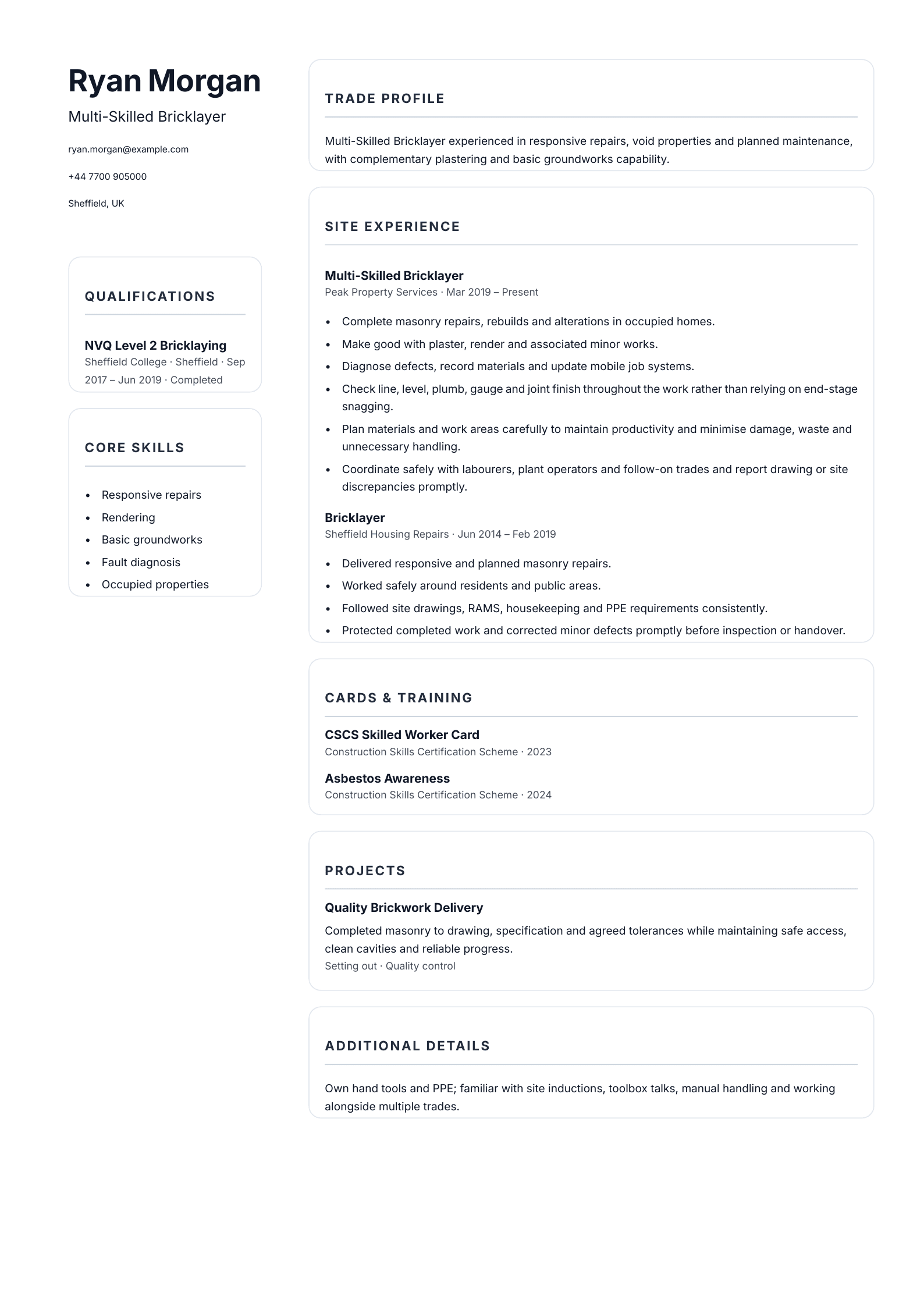 Multi-Skilled Bricklayer CV template