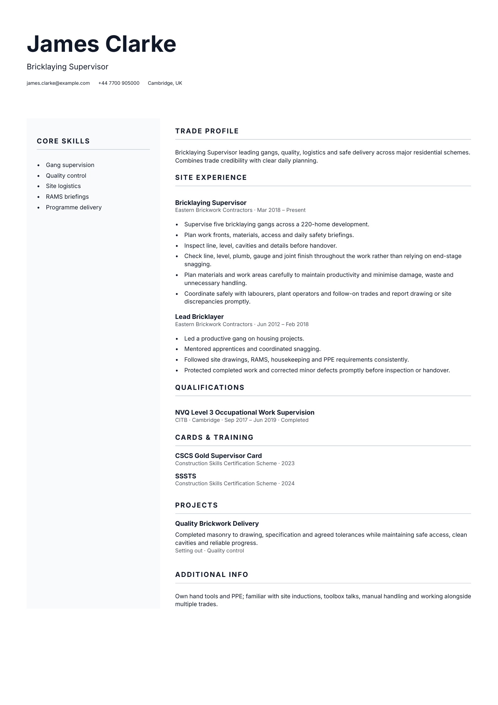 Bricklaying Supervisor CV template