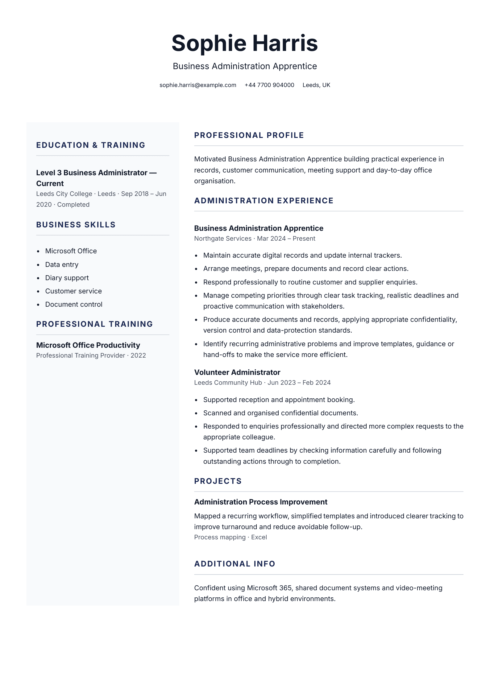 Business Administration Apprentice CV template