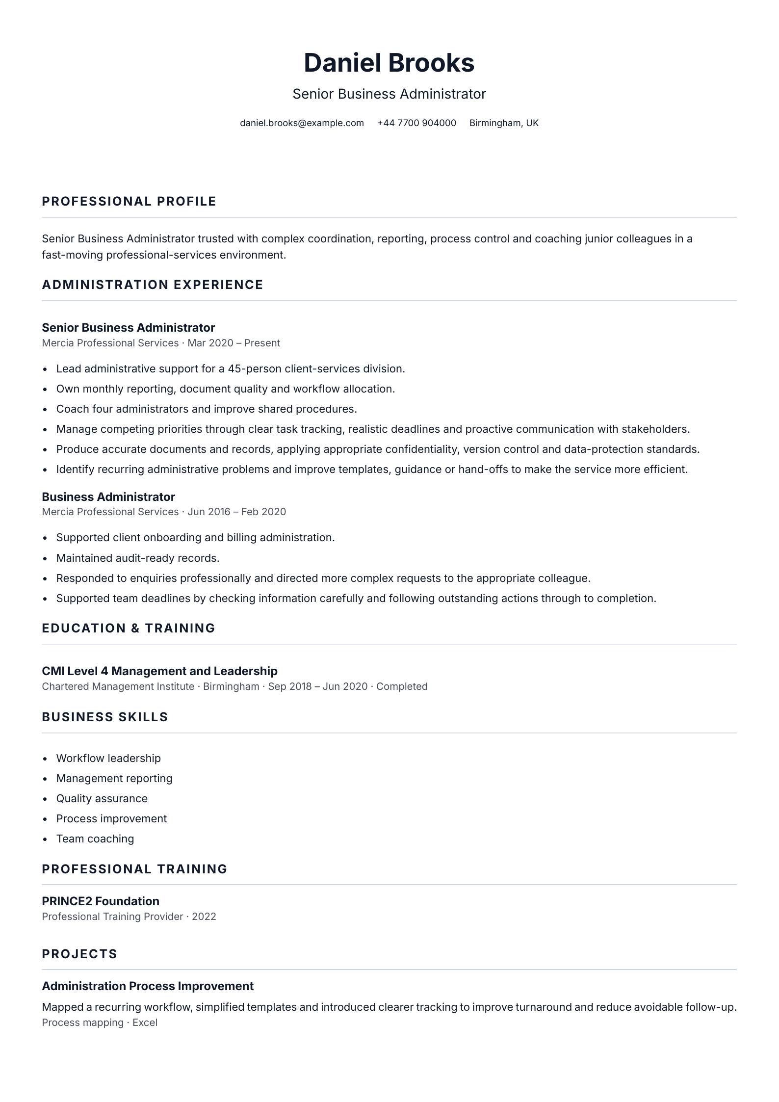 Senior Business Administrator CV template