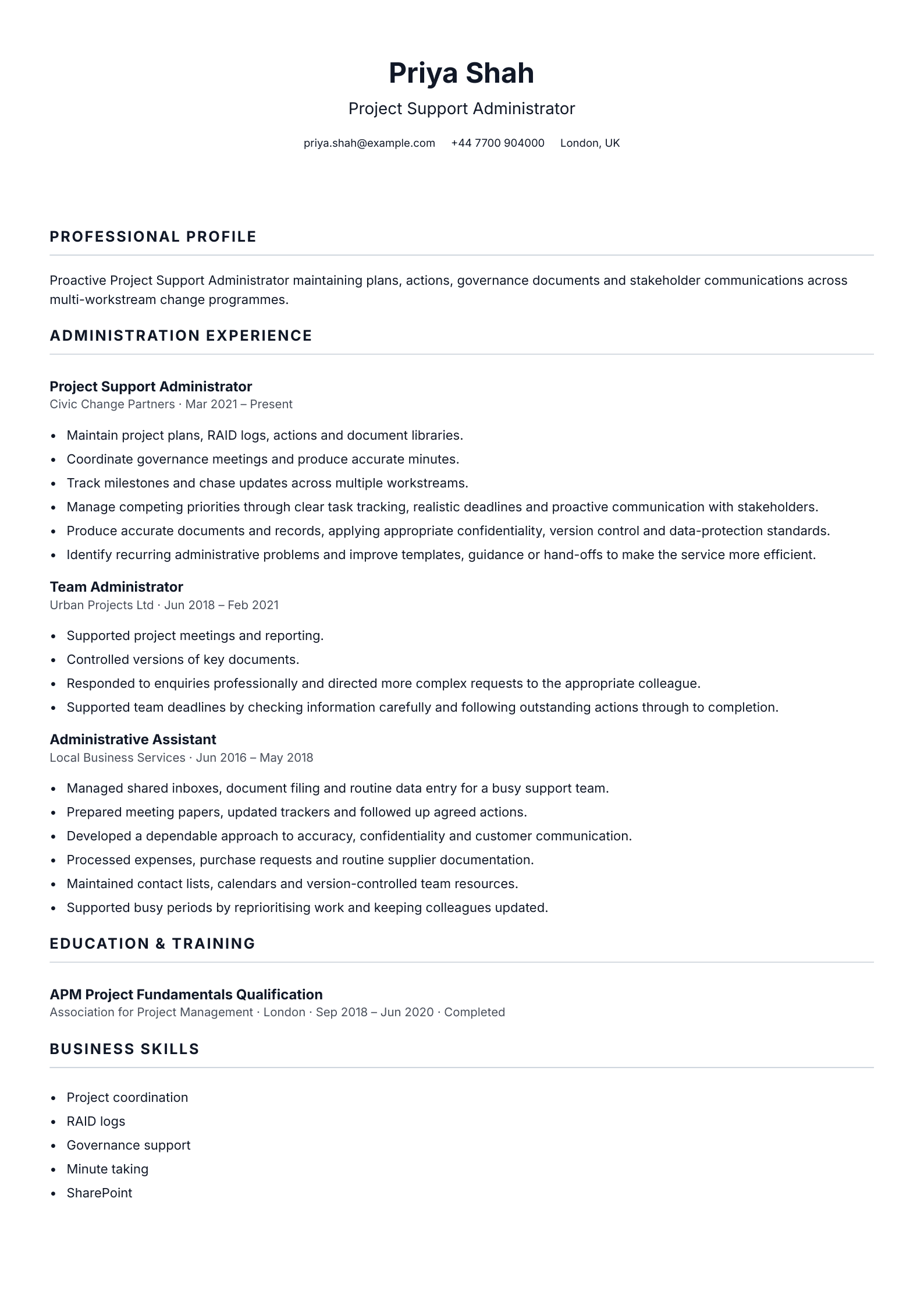 Project Support Administrator CV template