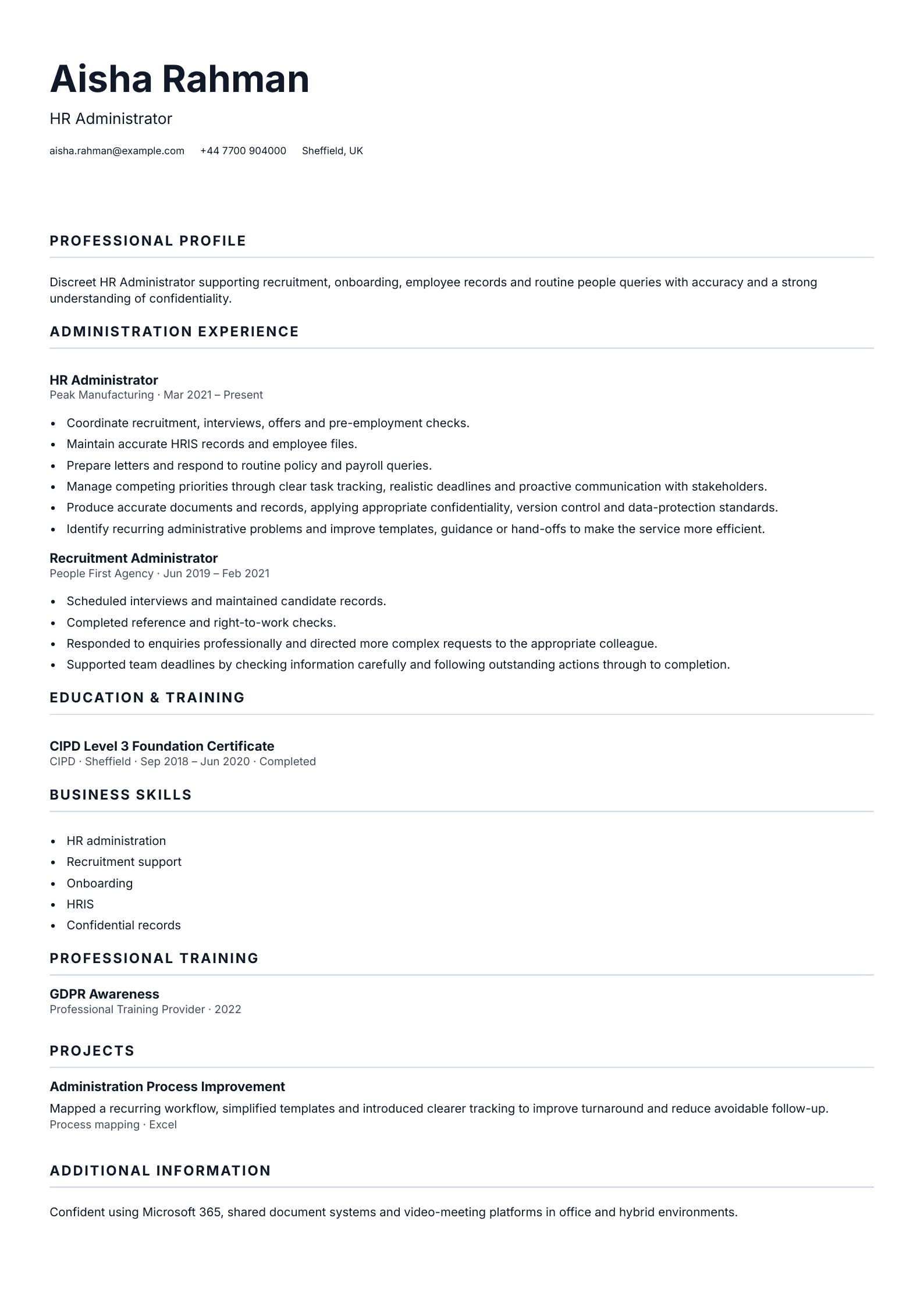 HR Administrator CV template