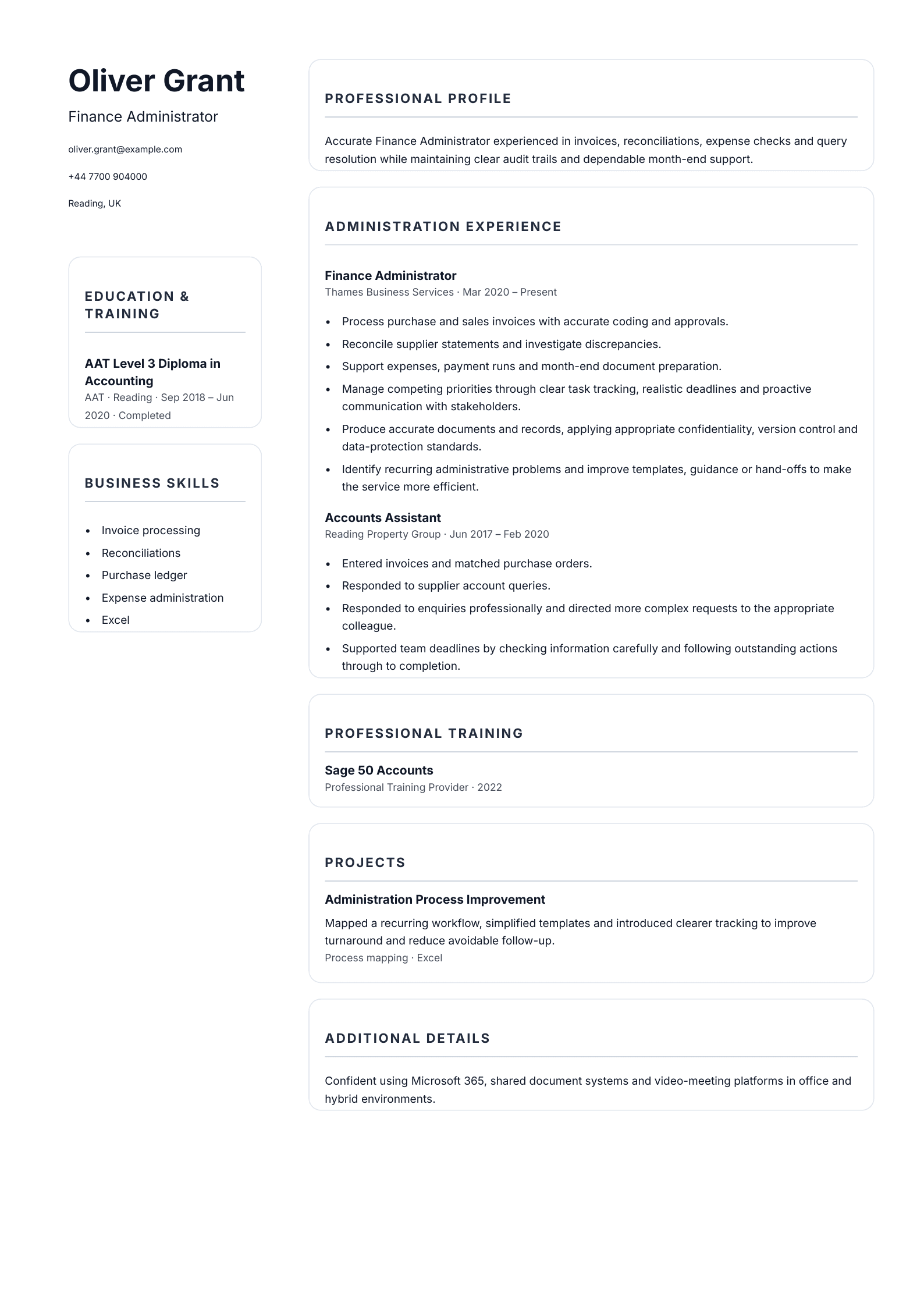 Finance Administrator CV template