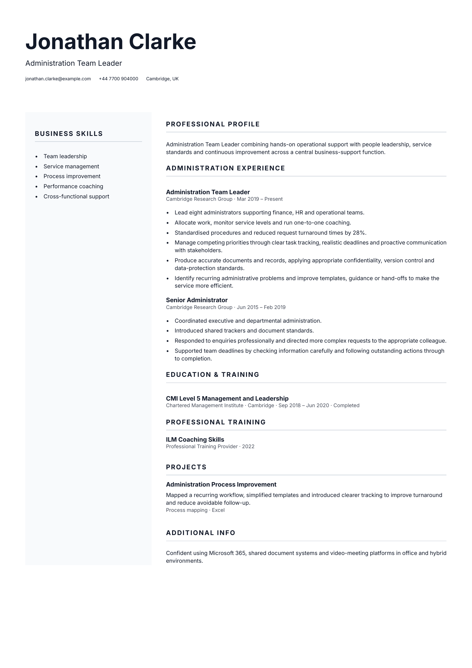 Administration Team Leader CV template