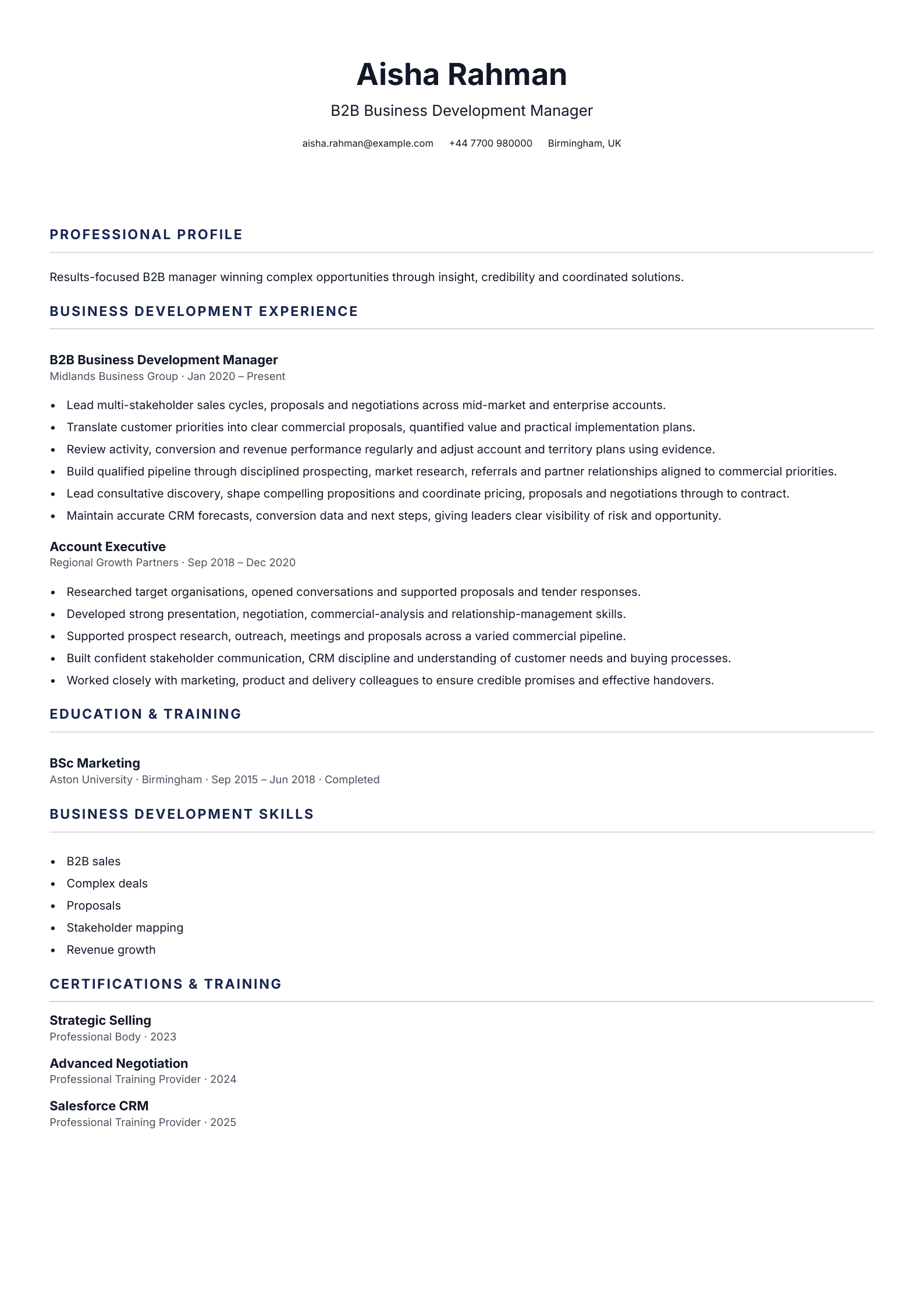 B2B Business Development Manager CV template