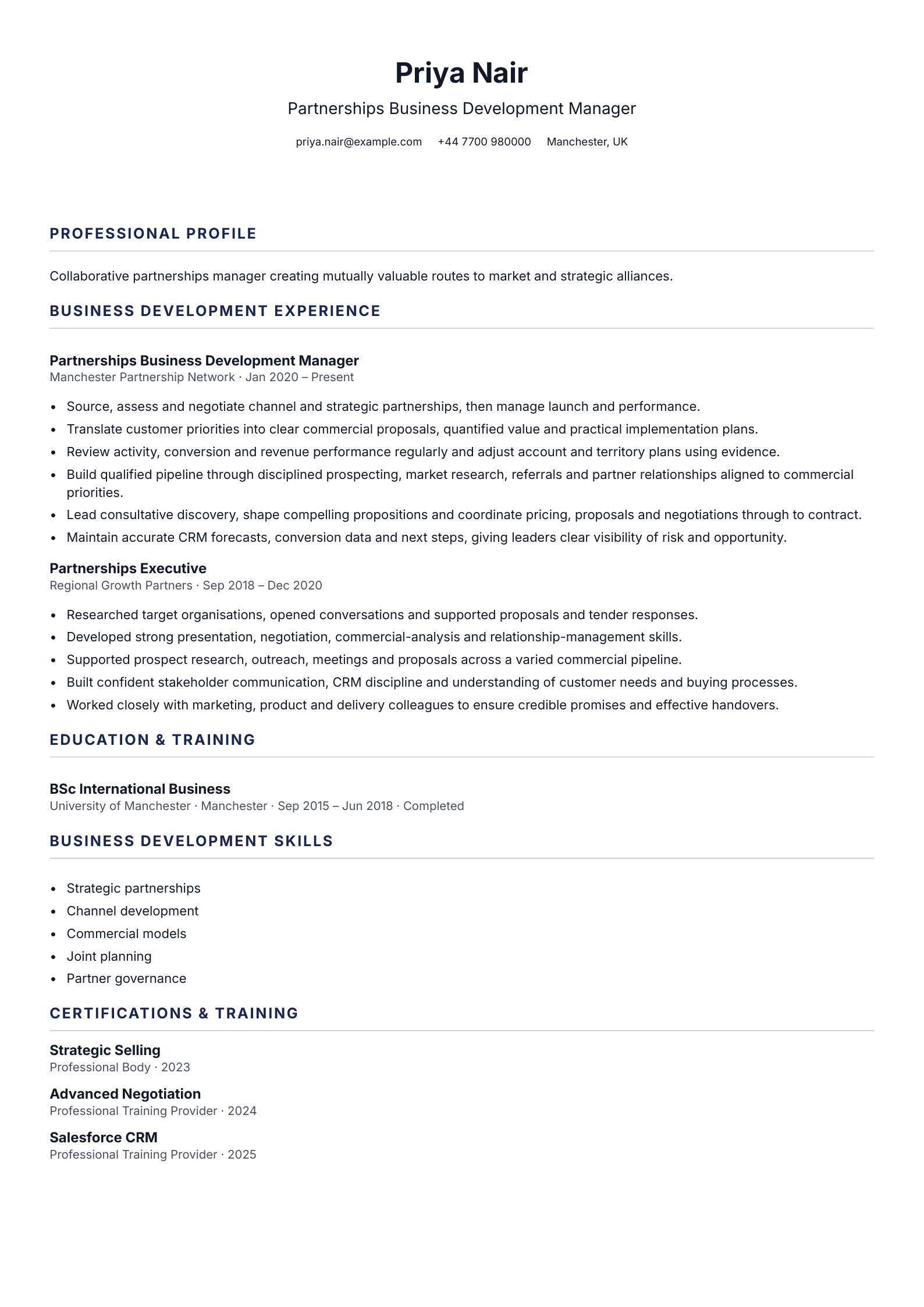 Partnerships Business Development Manager CV template