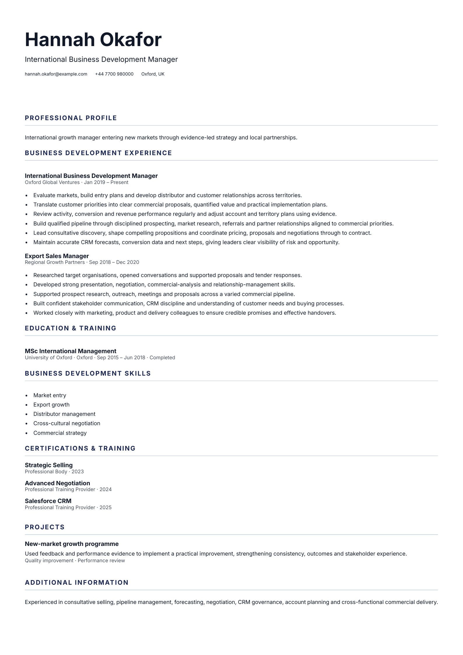 International Business Development Manager CV template