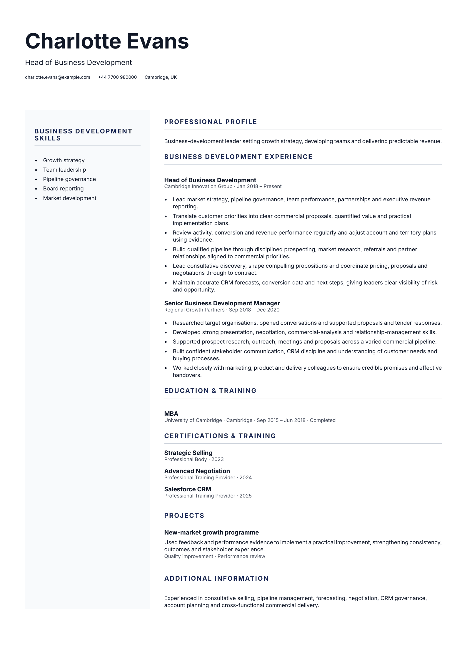 Head of Business Development CV template