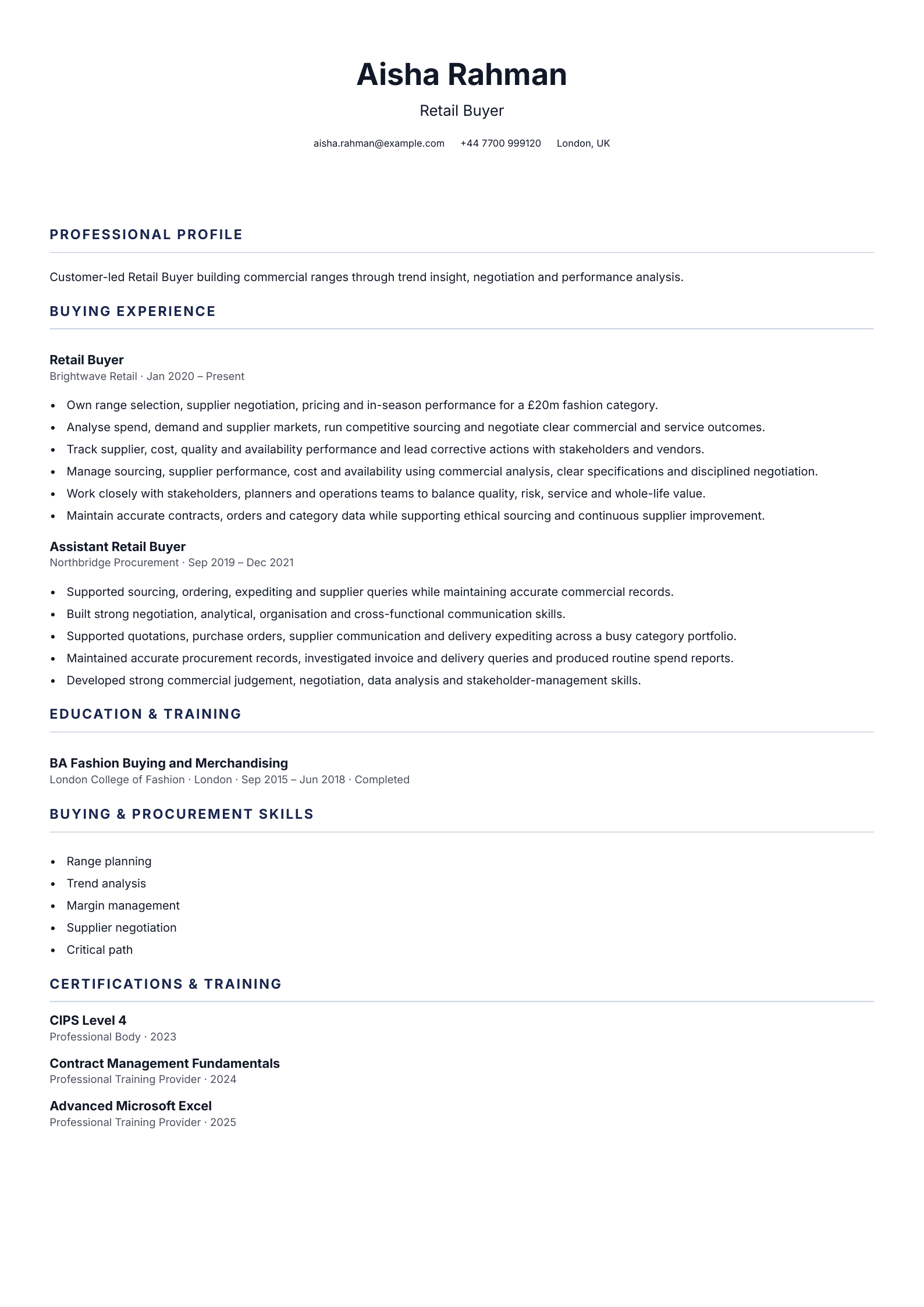 Retail Buyer CV template