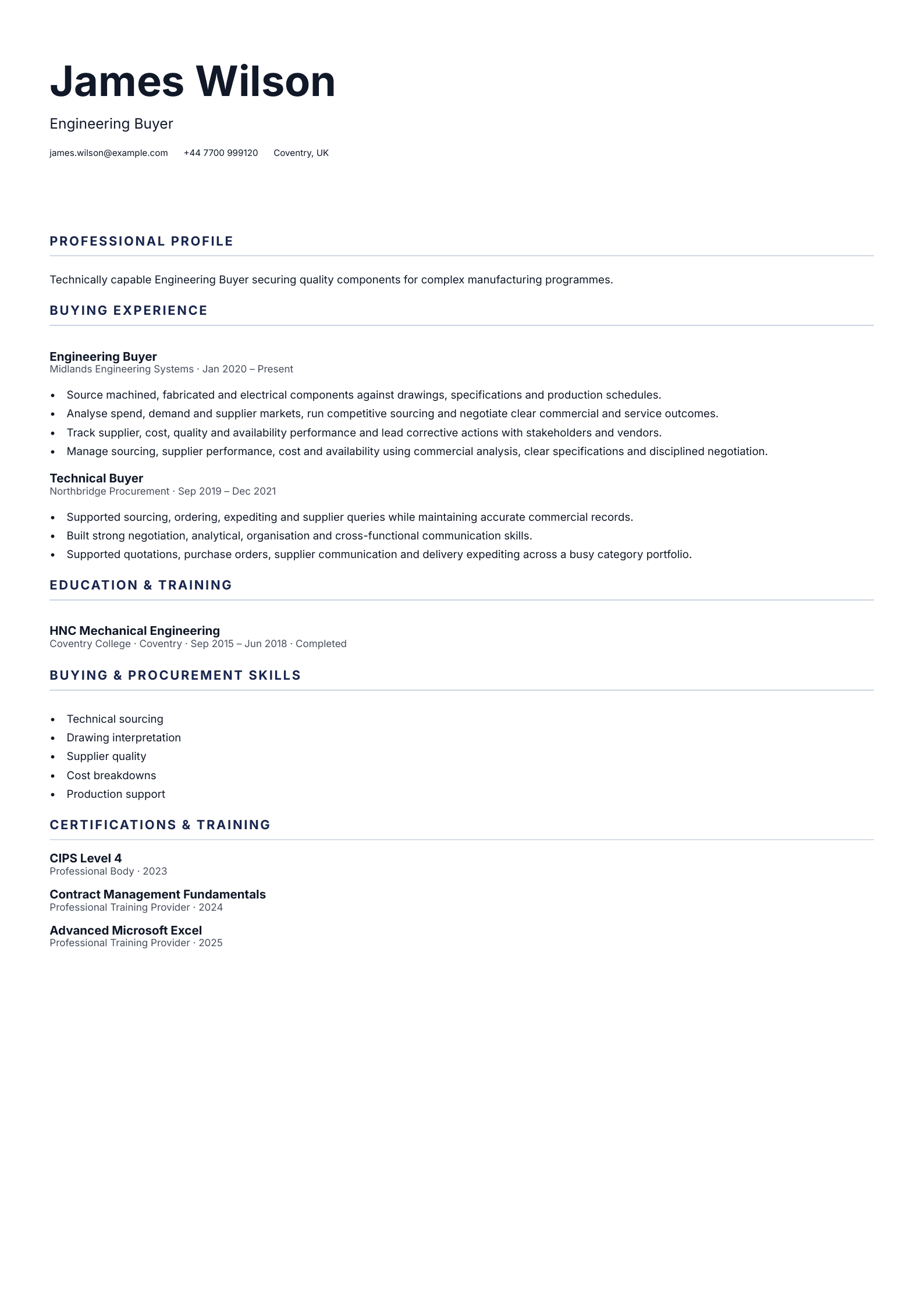 Engineering Buyer CV template