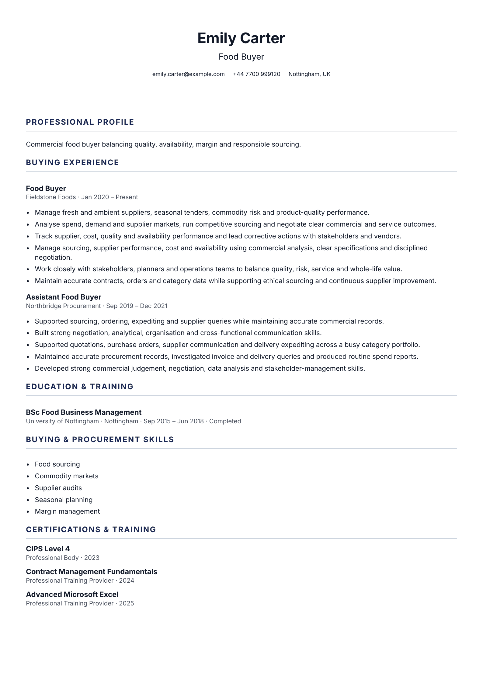 Food Buyer CV template