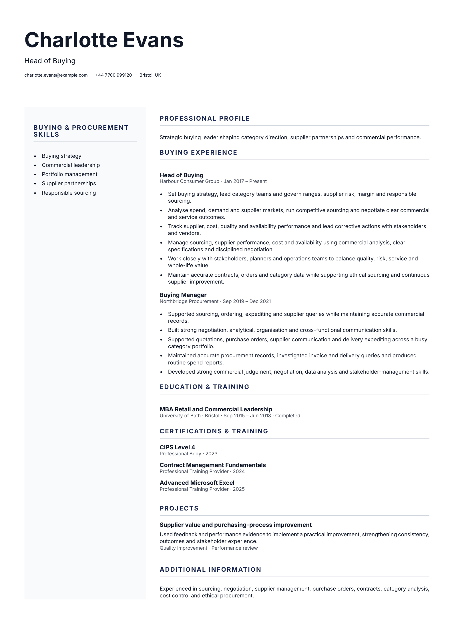 Head of Buying CV template