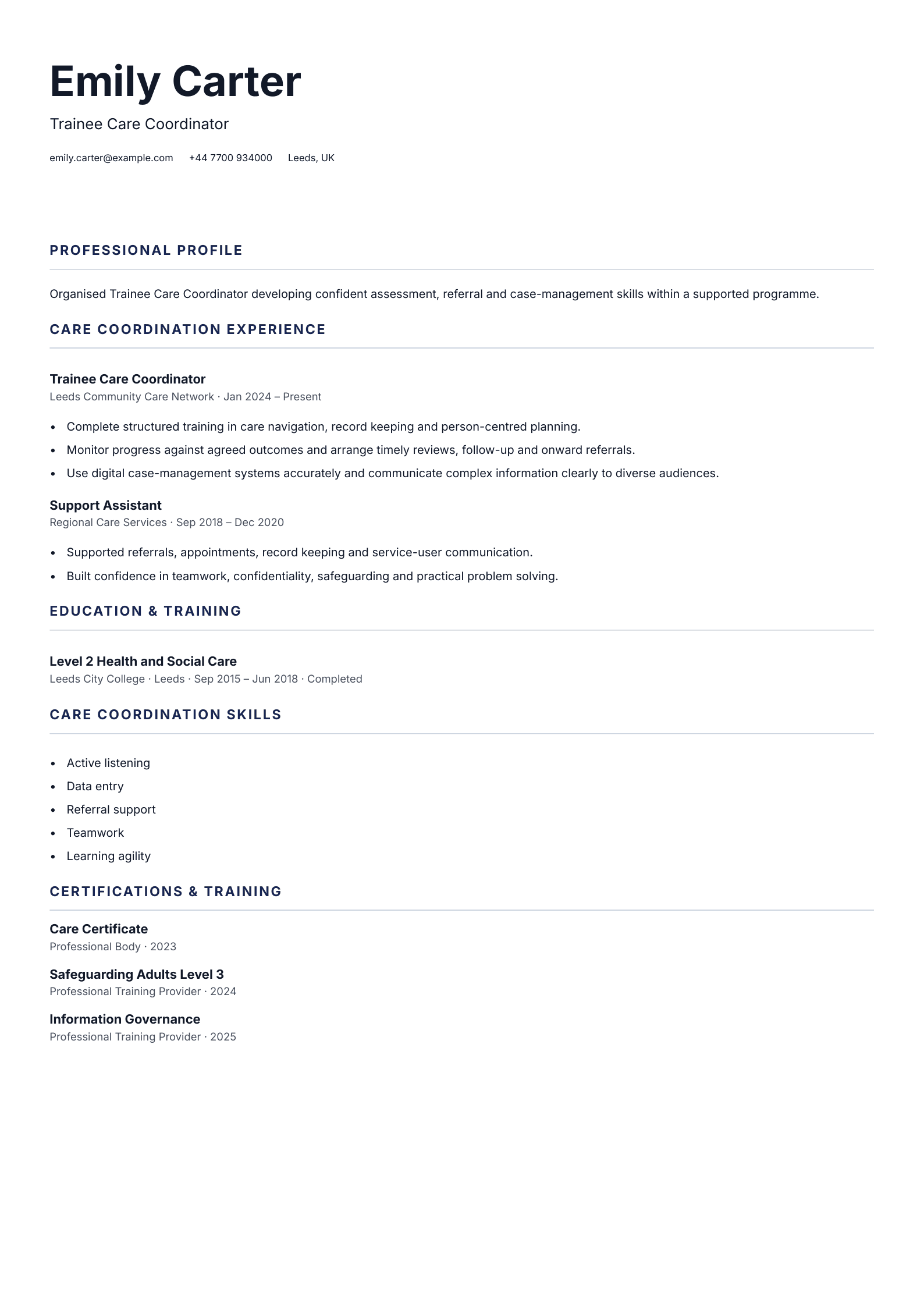 Trainee Care Coordinator CV template