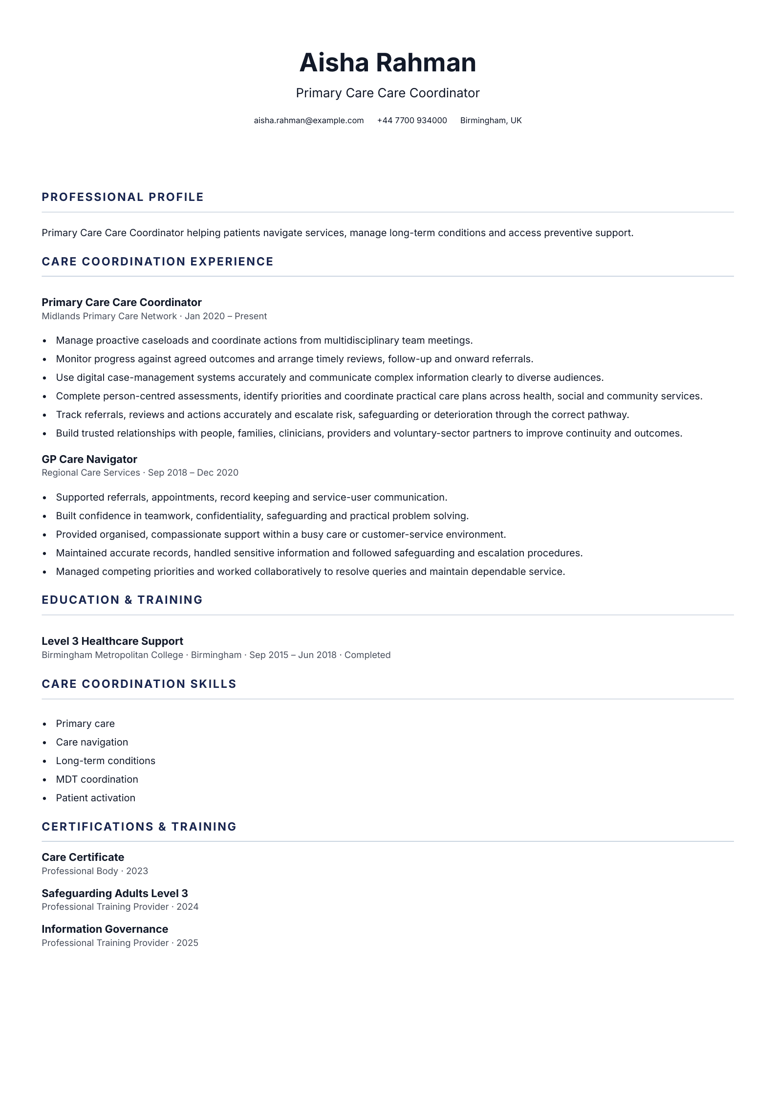 Primary Care Care Coordinator CV template