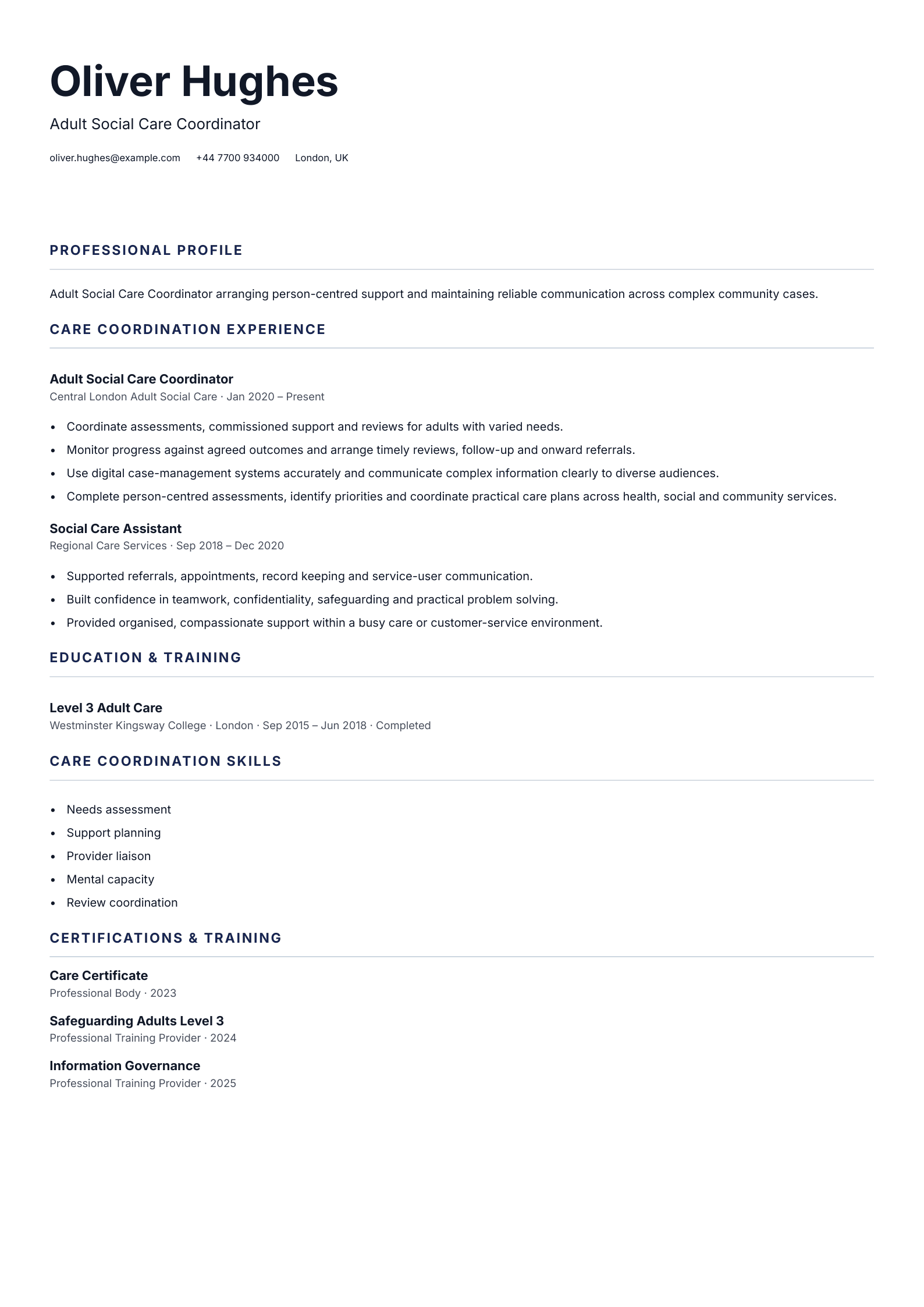 Adult Social Care Coordinator CV template